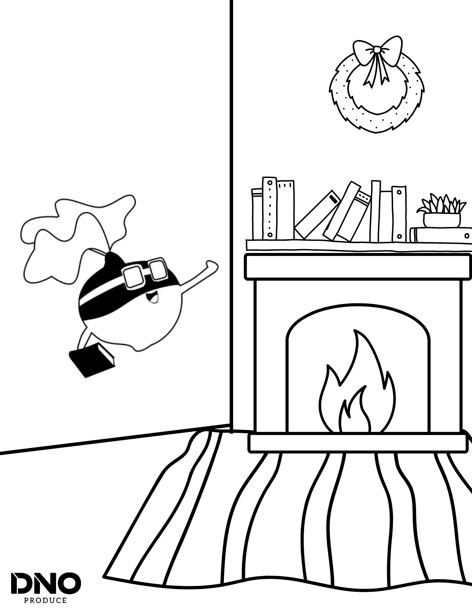 Black and white coloring page of a dog wearing a holiday hat, standing next to a fireplace with a fire and stockings behind. There is a bookshelf with books and a plant, and a section of the floor with striped rug.