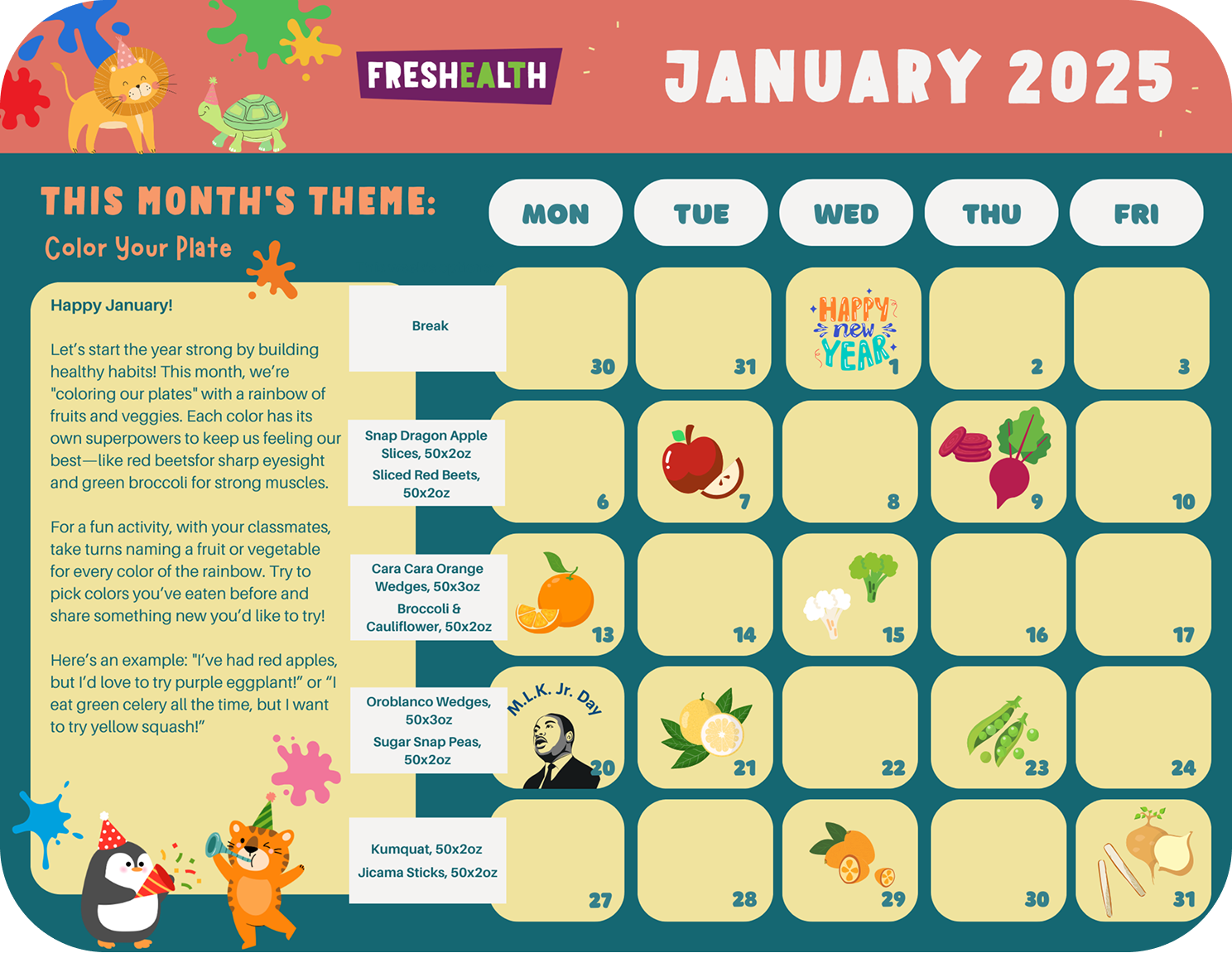 A colorful daily planner or activity chart for January 2025 themed around healthy eating and rainbow foods, with illustrations of a lion and turtle wearing party hats, a penguin and tiger celebrating, and various fruits and vegetables like apples, be
