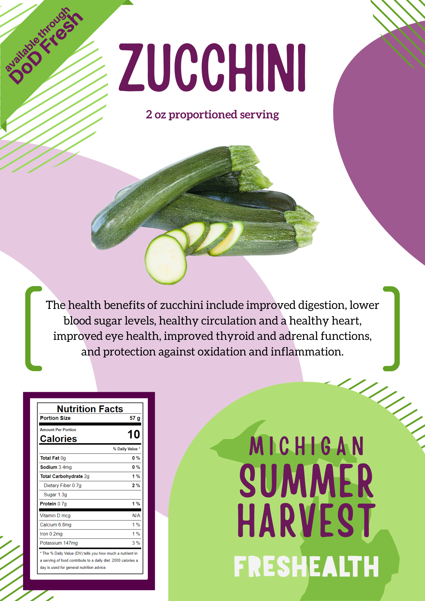 Packaging for Michigan Summer Squash, featuring images of fresh zucchinis and slices, with text highlighting health benefits and nutritional information, and a green and purple color scheme.