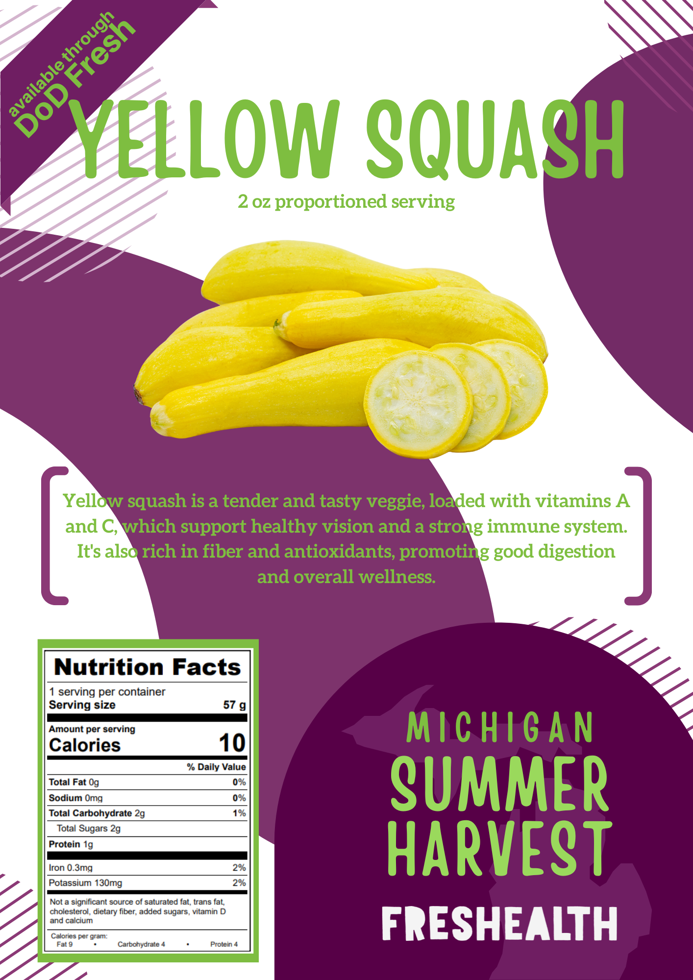 Packaging label for yellow squash with the text 'Available Through DOD Fresh' and 'Yellow Squash'. Contains a image of yellow squash with slices showing the interior. Descriptive text about health benefits and nutrition facts included.
