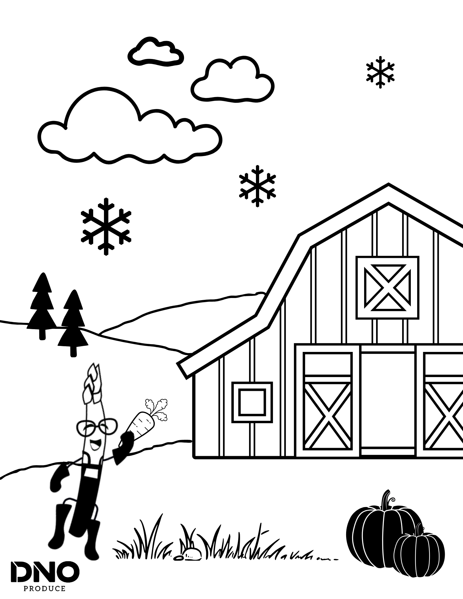 Black and white coloring page of a farm scene with a barn, pumpkins, carrots, trees, clouds, snowflakes, and grass, with the words 'DNO Produce' in the bottom left corner.