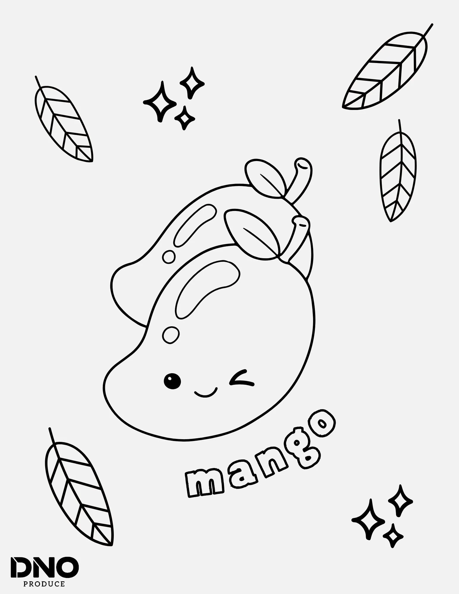 Line art illustration of a smiling dinosaur with the words "mango" and "DNO produce" on a light background, surrounded by leaves and sparkling effects.