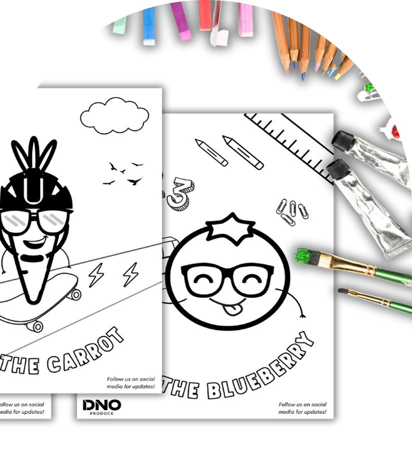 Black and white doodle coloring pages of a carrot riding a skateboard with glasses and a blueberry with glasses, surrounded by pencils, a ruler, paper clips, paint tubes, brushes, and colored pencils on a white surface.