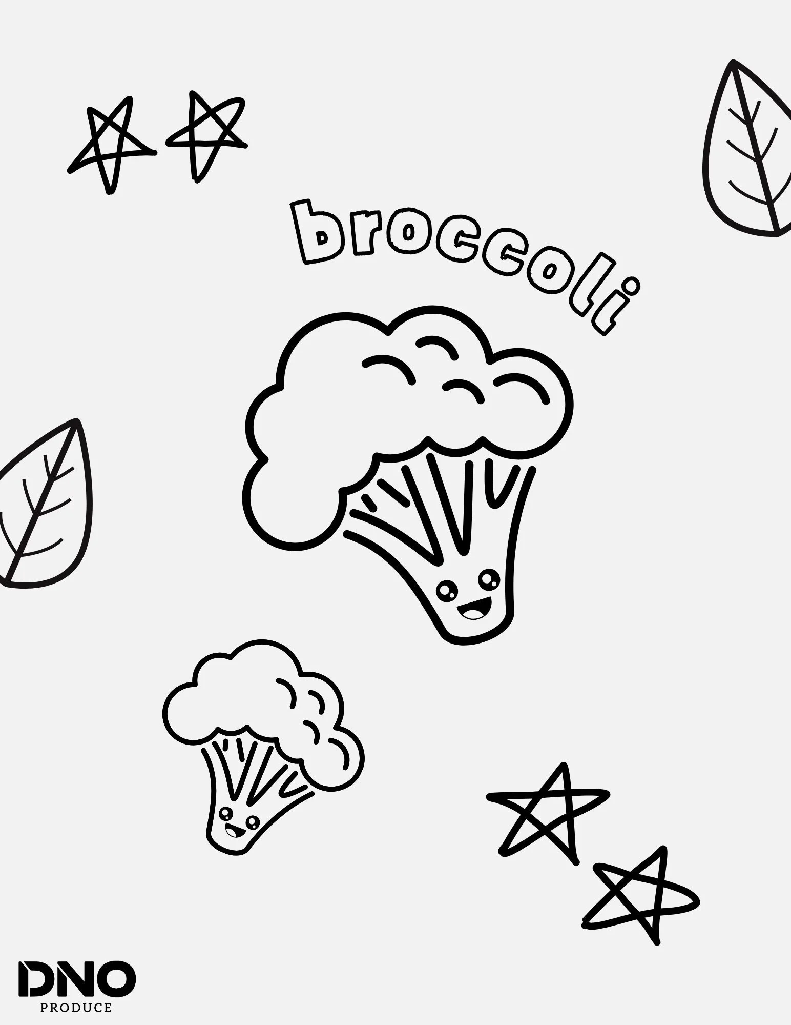 A cartoon black and white drawing of broccoli with a smiling face, along with a few stars and leaves, and the text 'broccoli'. The words 'DNO PRODUCE' are at the bottom left corner.