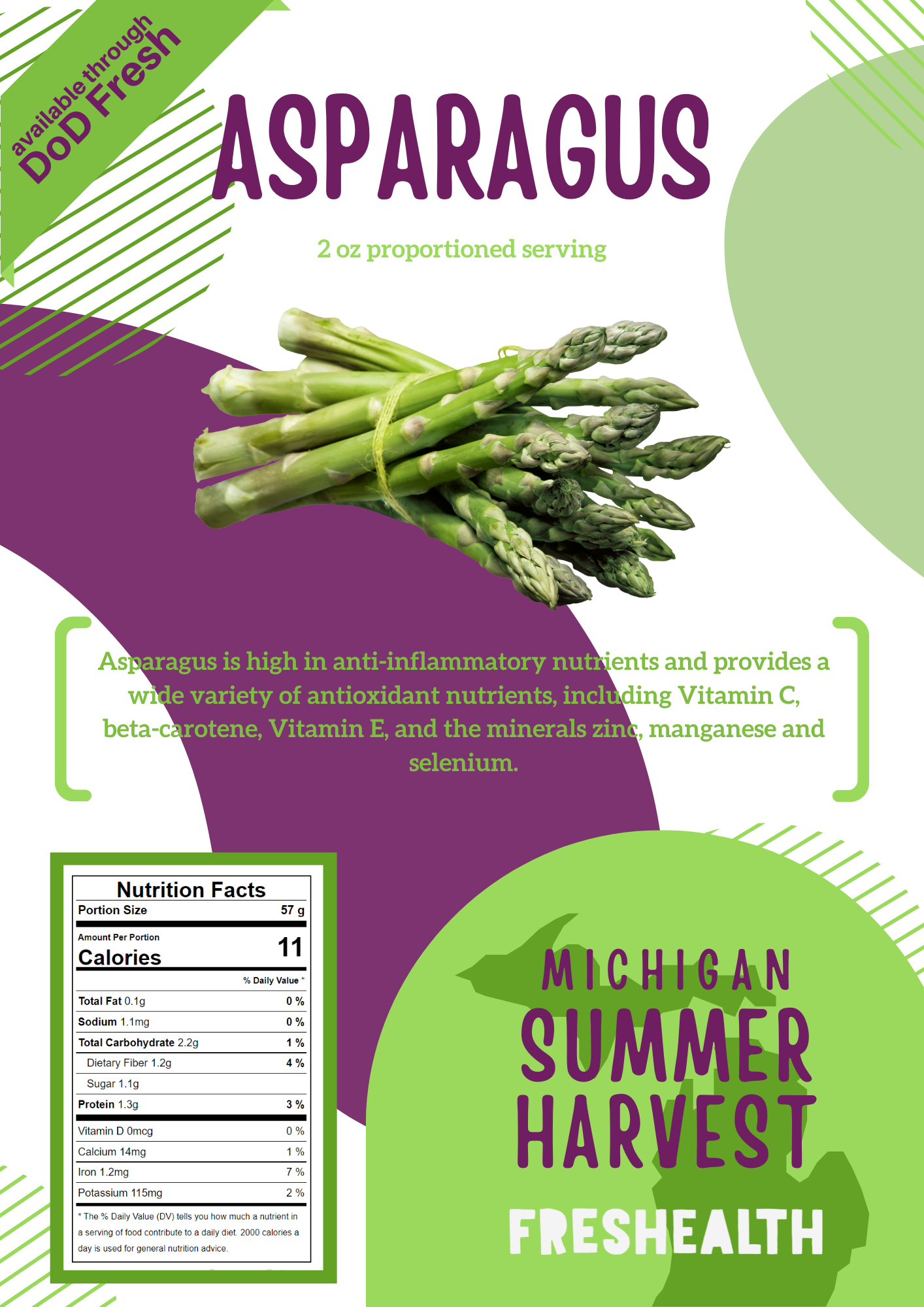 Packaging for Michigan Summer Harvest fresh asparagus, with purple and green design elements, showing a bunch of fresh green asparagus, nutrition facts, and text indicating availability through DOD.