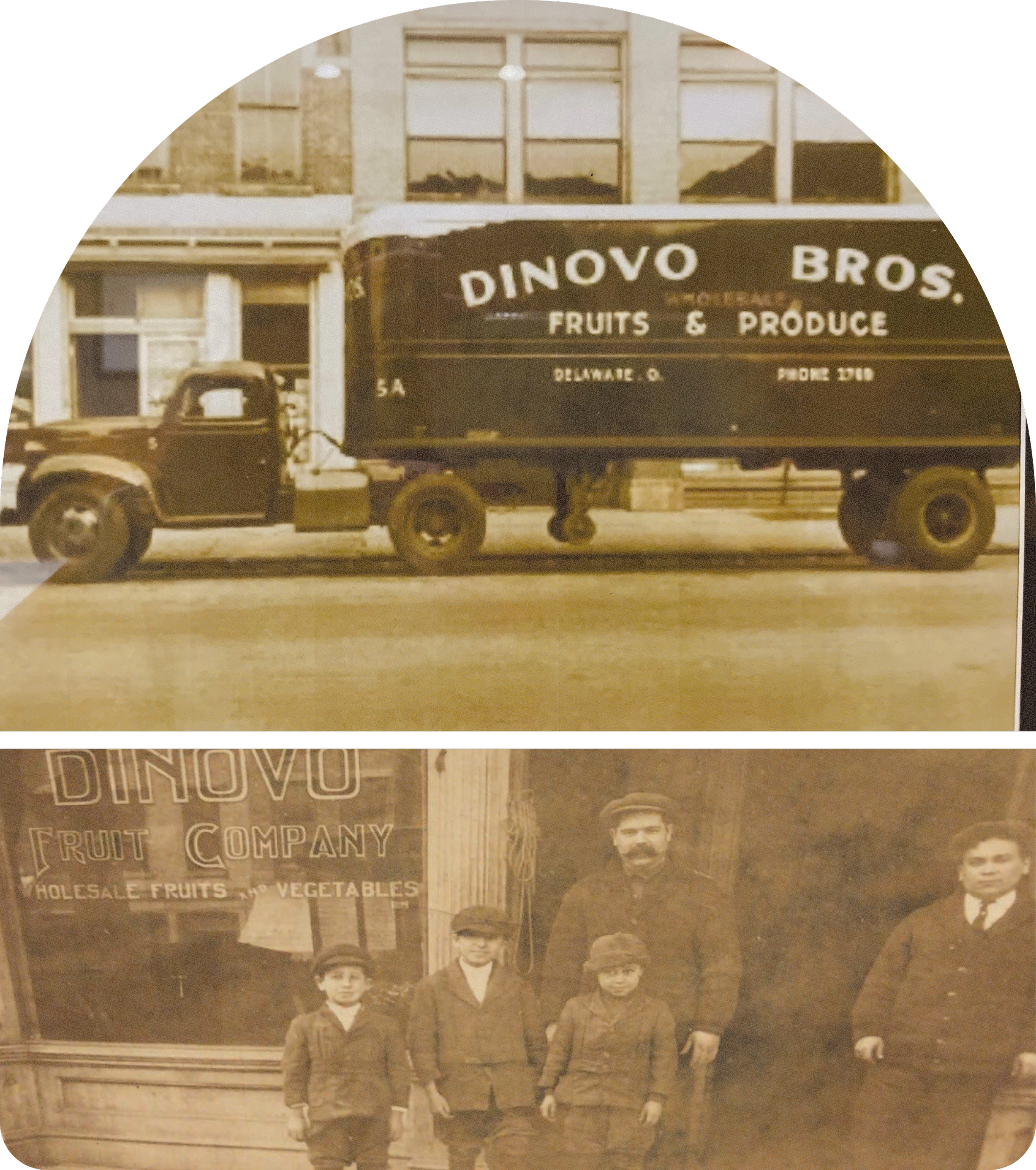 Historical black and white photograph showing a storefront with a sign for 'Dinovo Bros. Fruits & Produce' and a group of children standing in front of it, along with part of a vintage truck.