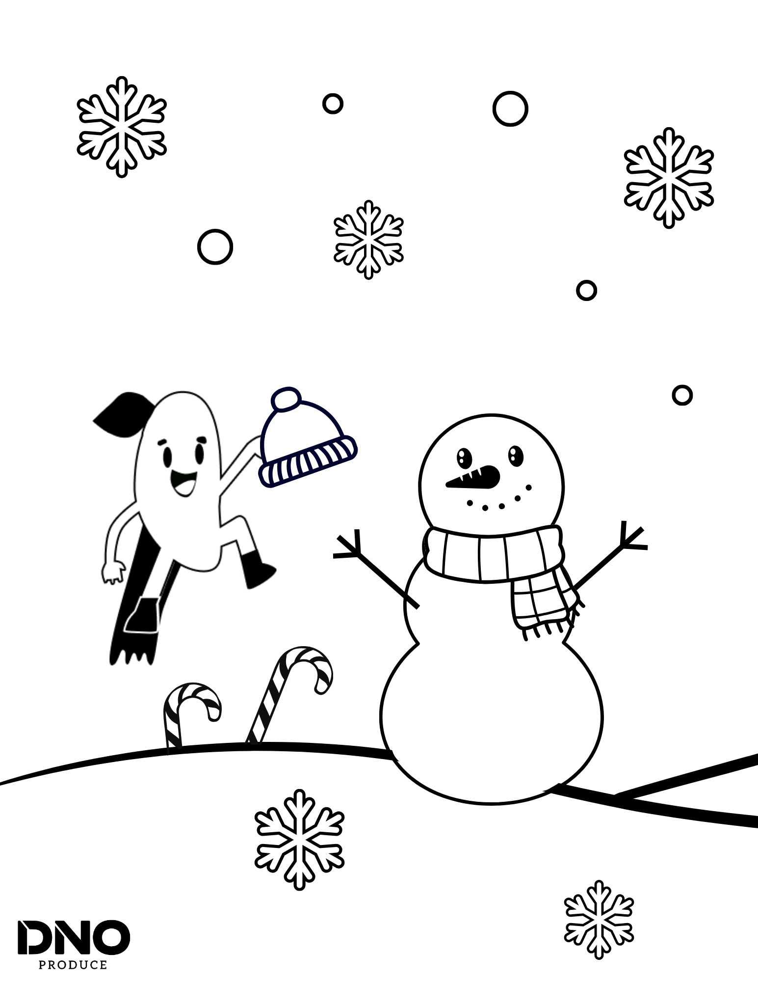 Black and white cartoon illustration of a snowman with a scarf, a carrot nose, and stick arms, alongside a happy cartoon hot dog character with arms, a hat, and a smiling face, surrounded by snowflakes and candy canes.