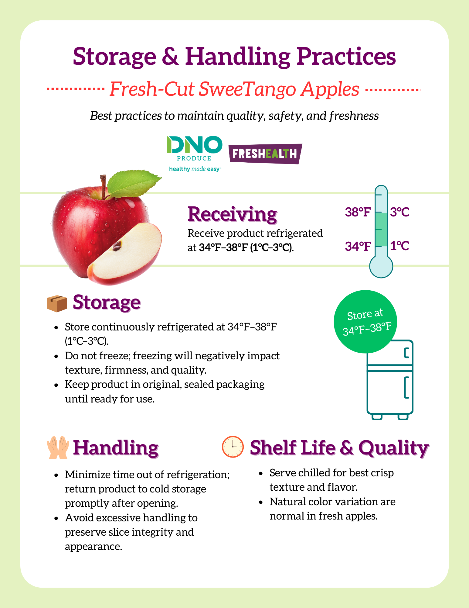 Guide on storage and handling practices for fresh-cut SweeTango apples, including refrigeration at 34°F-38°F, handling tips, and shelf life guidelines.