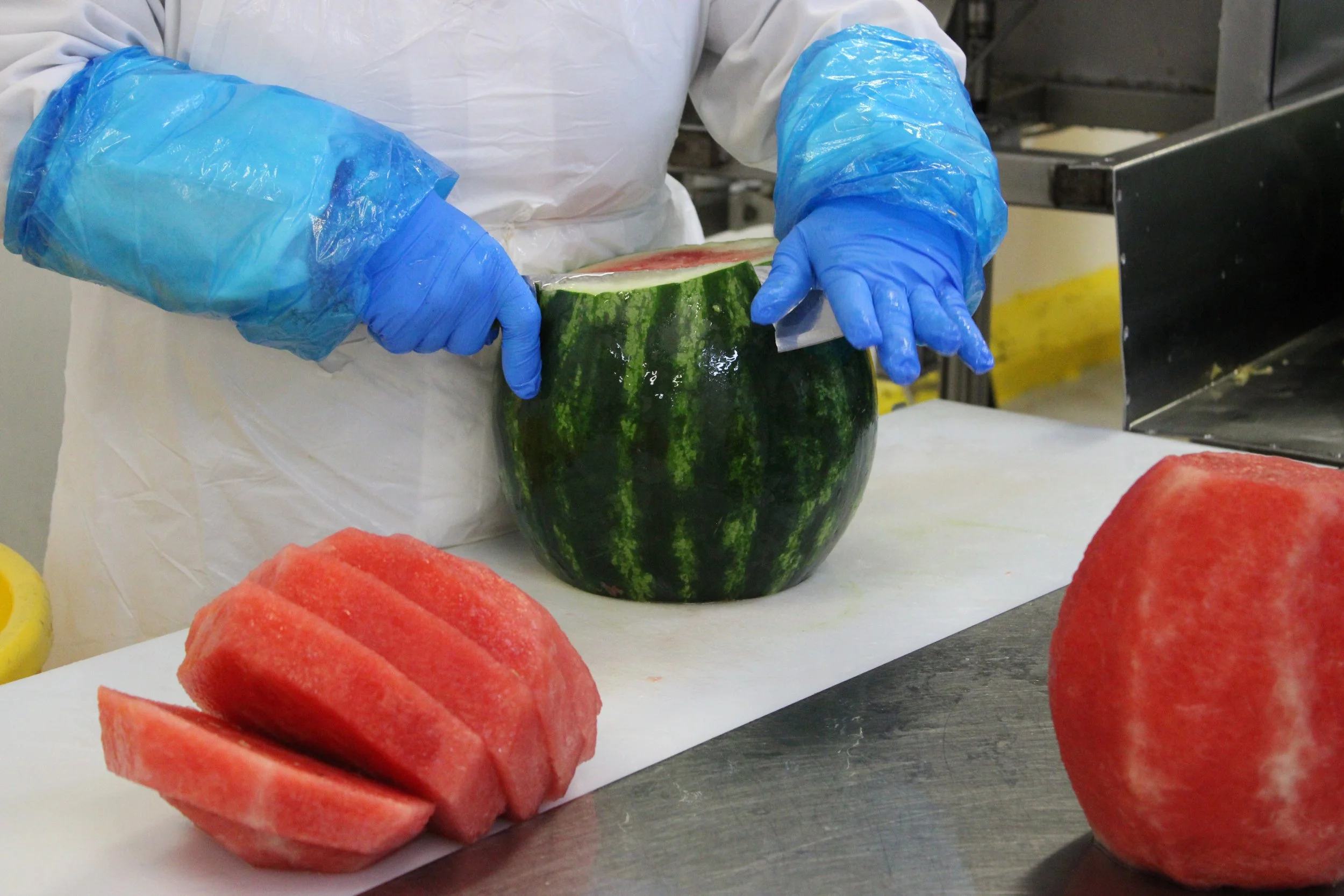 Person wearing blue gloves and a white coat slicing a watermelon in a kitchen or food processing environment.