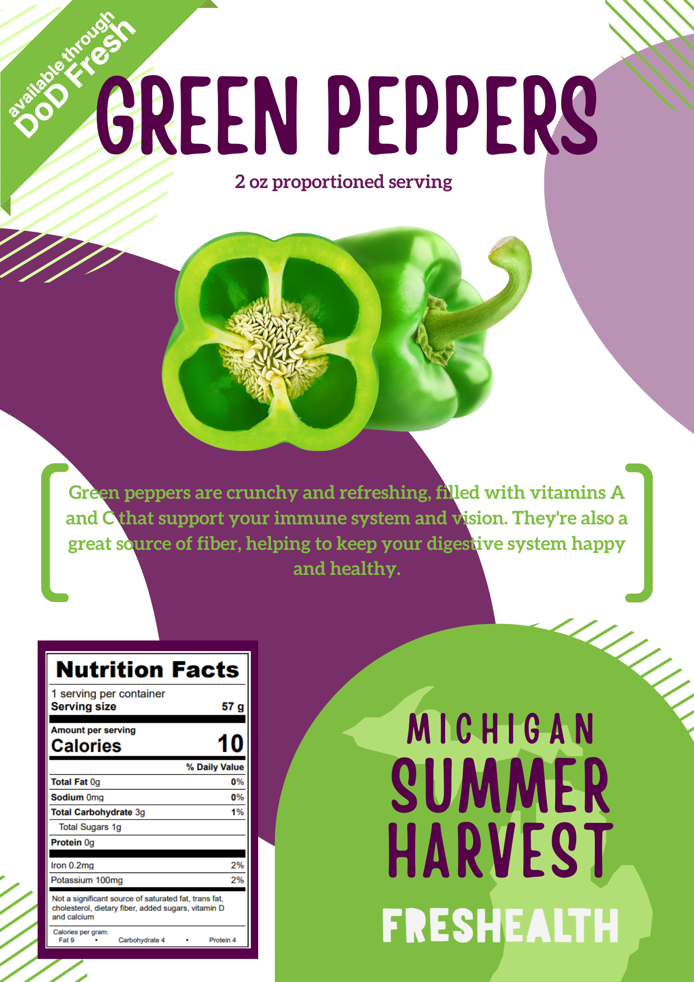 Packaging of green peppers, showing a whole pepper and a sliced one, with text indicating they are available fresh and are a healthy, crunchy, high-vitamin vegetable.
