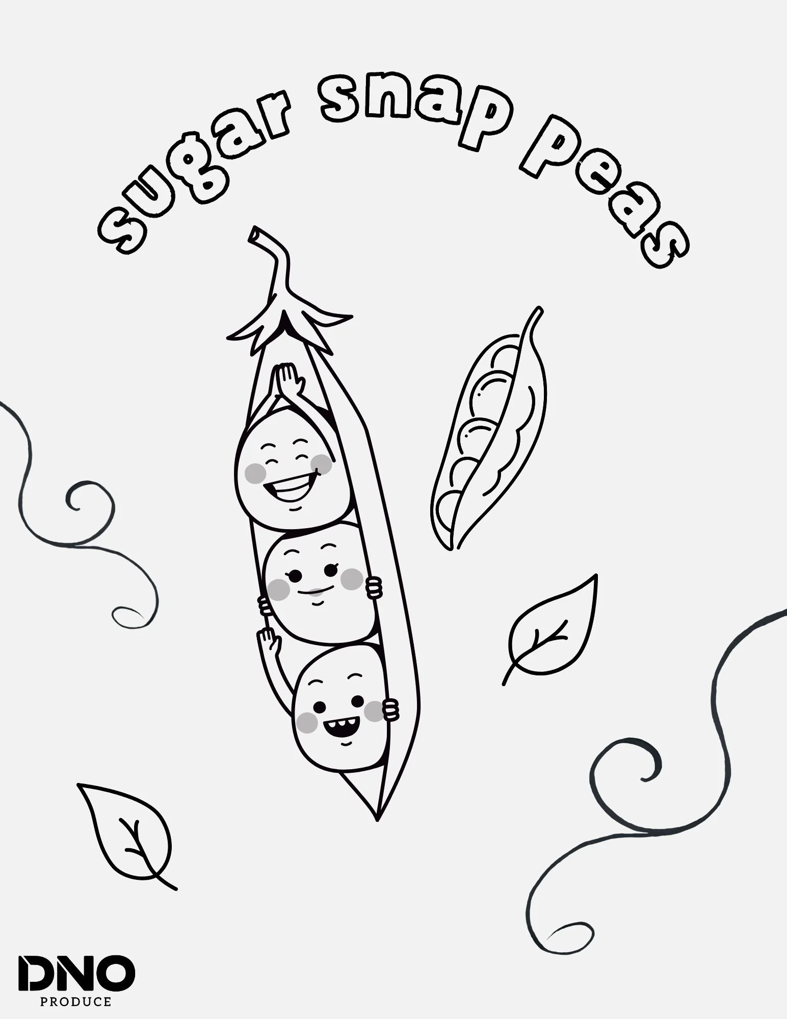 Black and white line drawing of a snow pea pod with four smiling peas inside, a smiling face, and the text "Sugar Snap Peas" arching above the pea pod, surrounded by leaves and swirly lines.