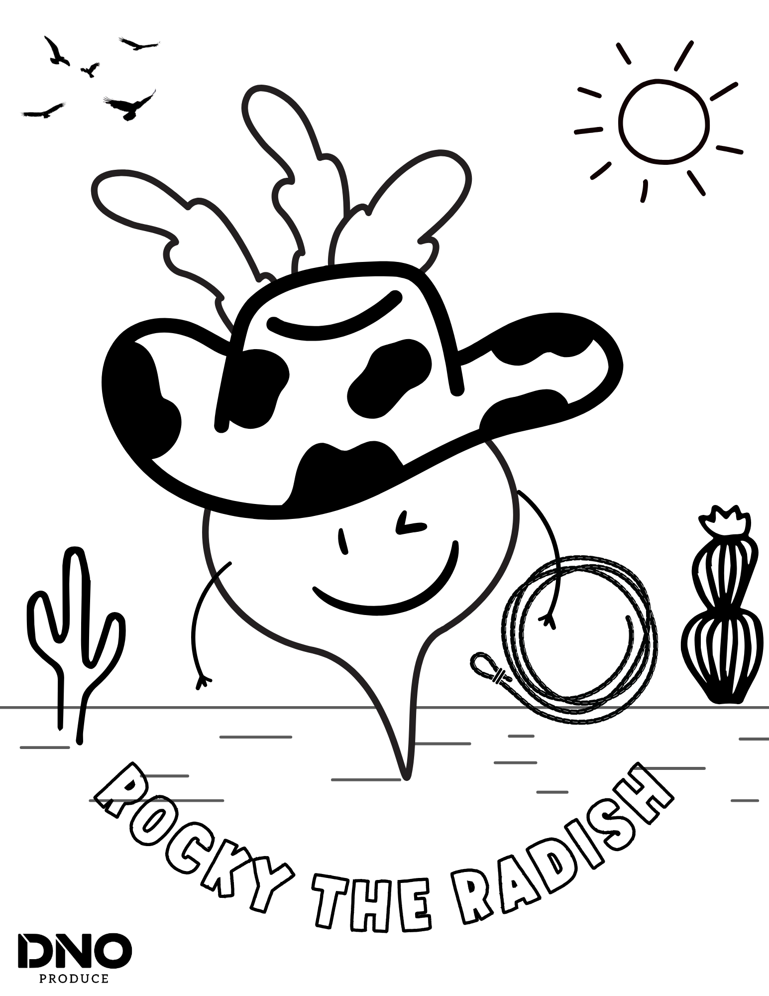Black and white illustration of a dinosaur with a landline phone on its back, surrounded by plants, a setting sun, and a circle with a clock face. The words 'Rocky the Radioactive Dino' are written in a circular pattern.