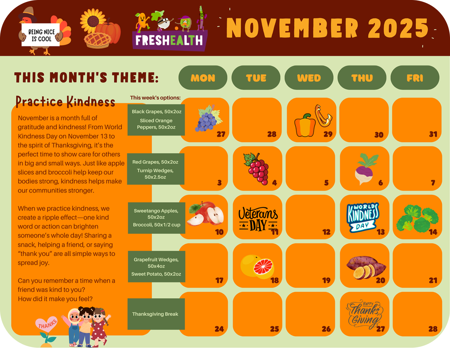 November 2025 calendar with icons of grapes, pumpkin, radish, apple, grapefruit, and sweet potato, alongside text about practicing kindness and gratitude.