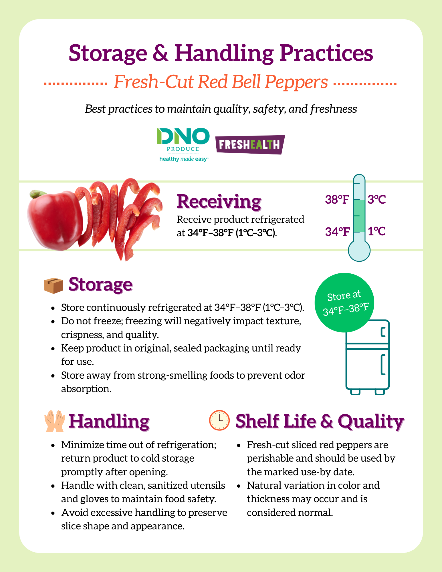 Guidelines for storing and handling fresh red bell peppers, including temperature and storage instructions, with images of red bell peppers and a refrigerator icon.