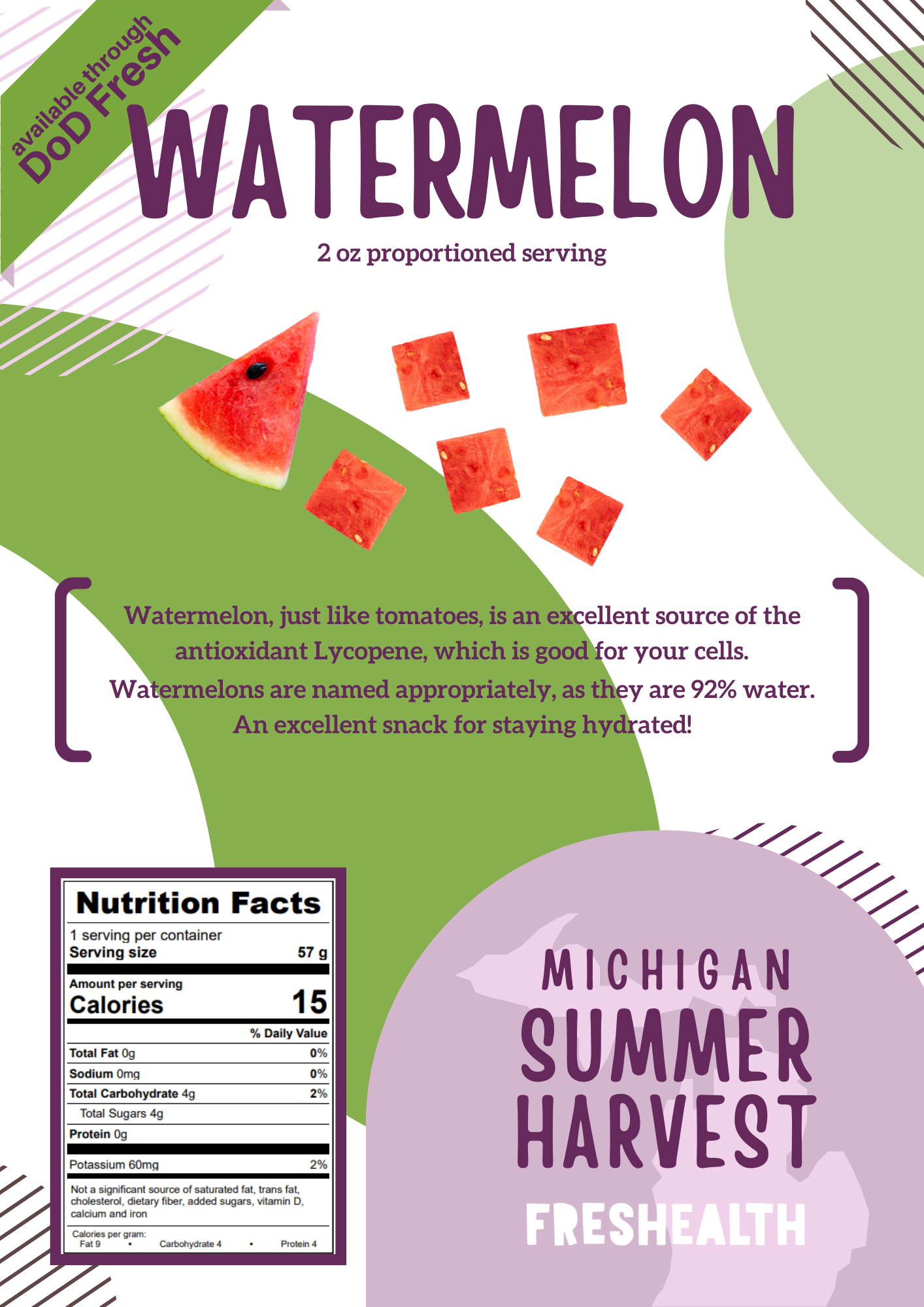 Packaging of watermelon flavored frozen fruit snack, labeled as 2 oz serving, with an image of a watermelon slice and watermelon cubes, featuring green, purple, and white colors, and nutritional facts on the side.