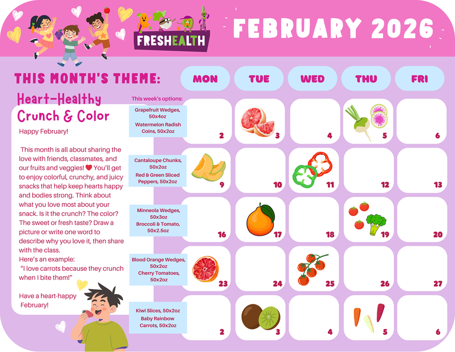 February 2026 calendar with themes and daily fruit and vegetable images, including grapefruits, peppers, oranges, tomatoes, kiwis, and radishes, set against a pink background with cartoon children and hearts.