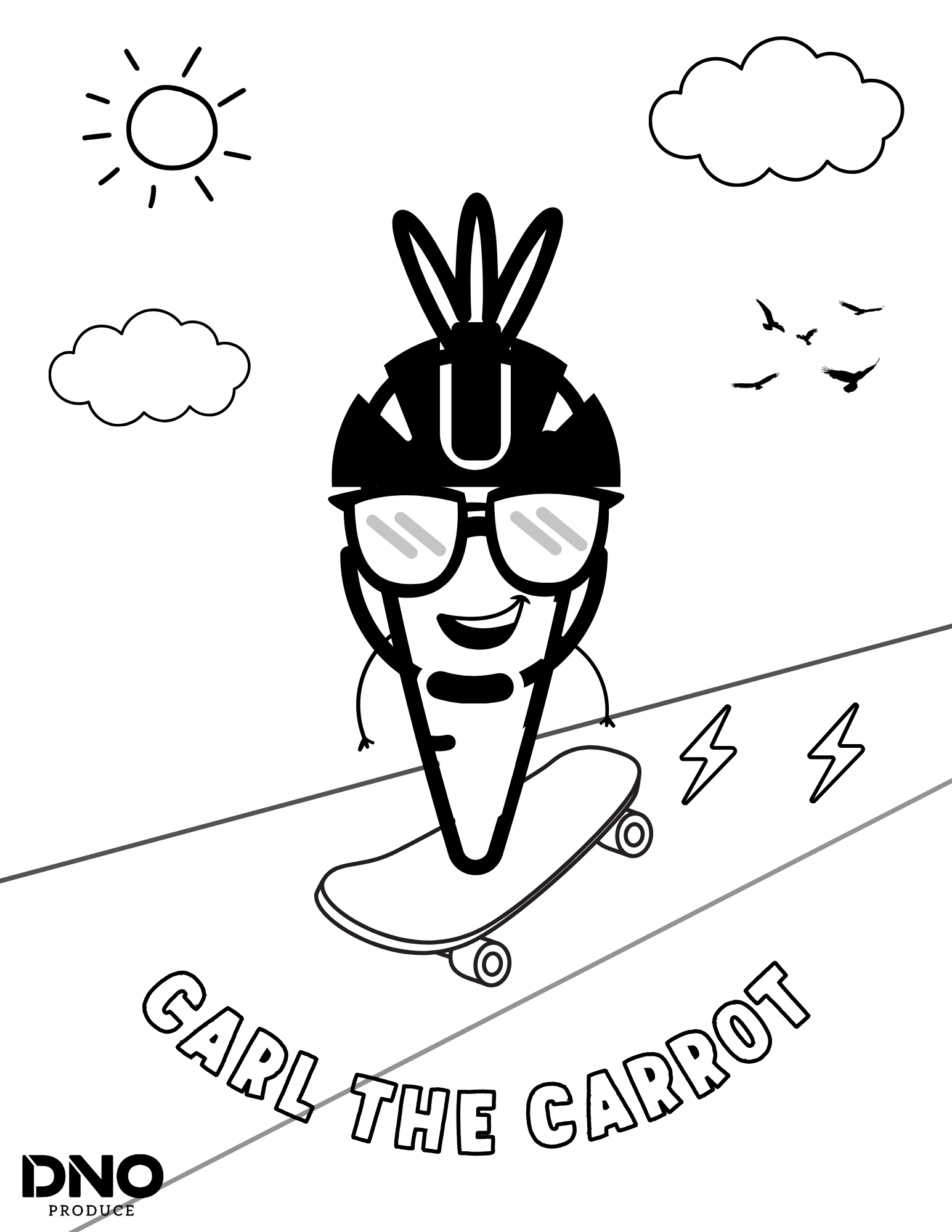 Black and white illustration of a smiling person wearing glasses and a hat with bunny ears, riding a skateboard. There are clouds in the sky, a sun, and flying birds. Lightning bolts are depicted on the skateboard. Text reading 'GARDEN THE CARROT' is