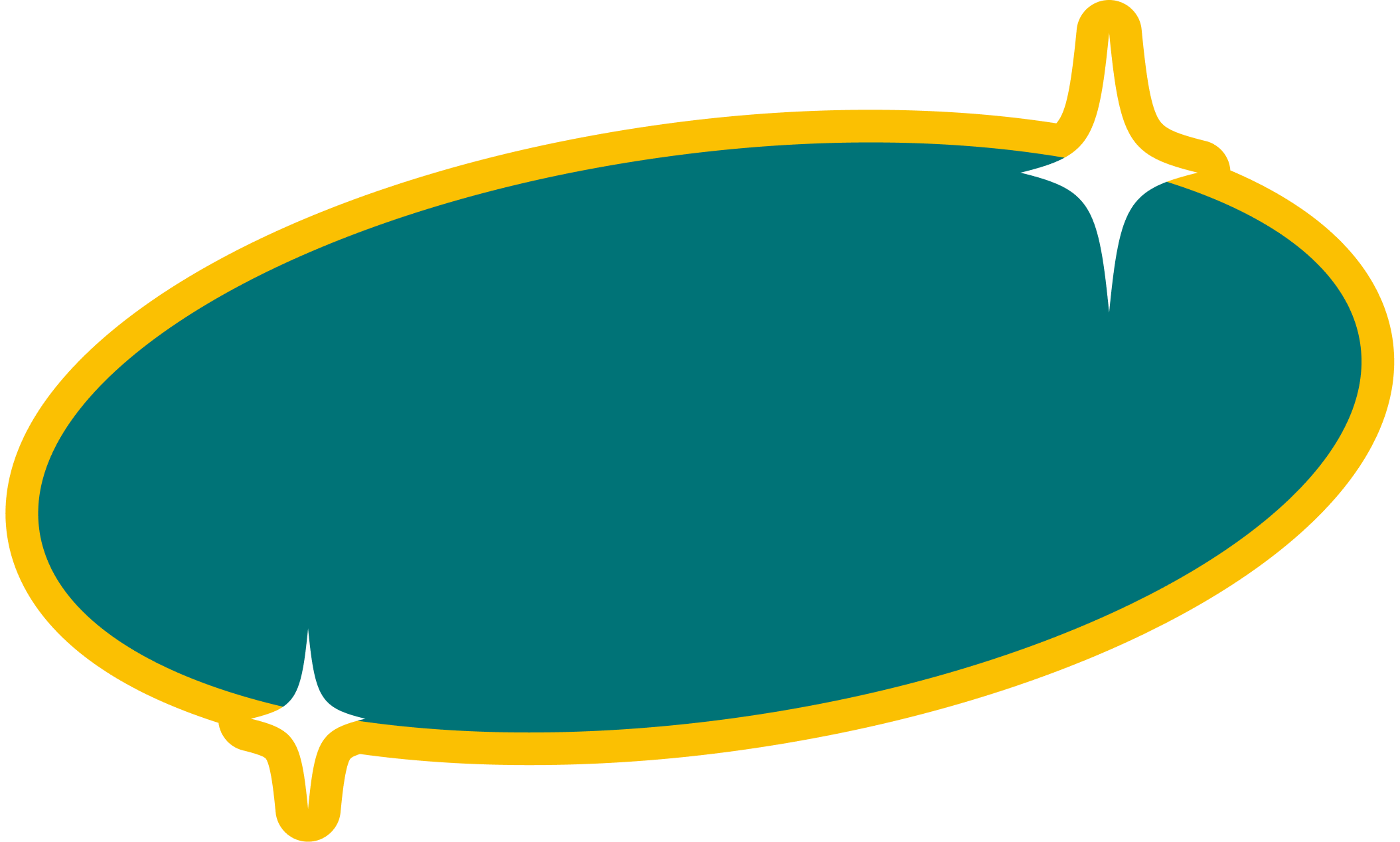 Illustration of a speech bubble with a teal background, outlined in yellow and white stars.