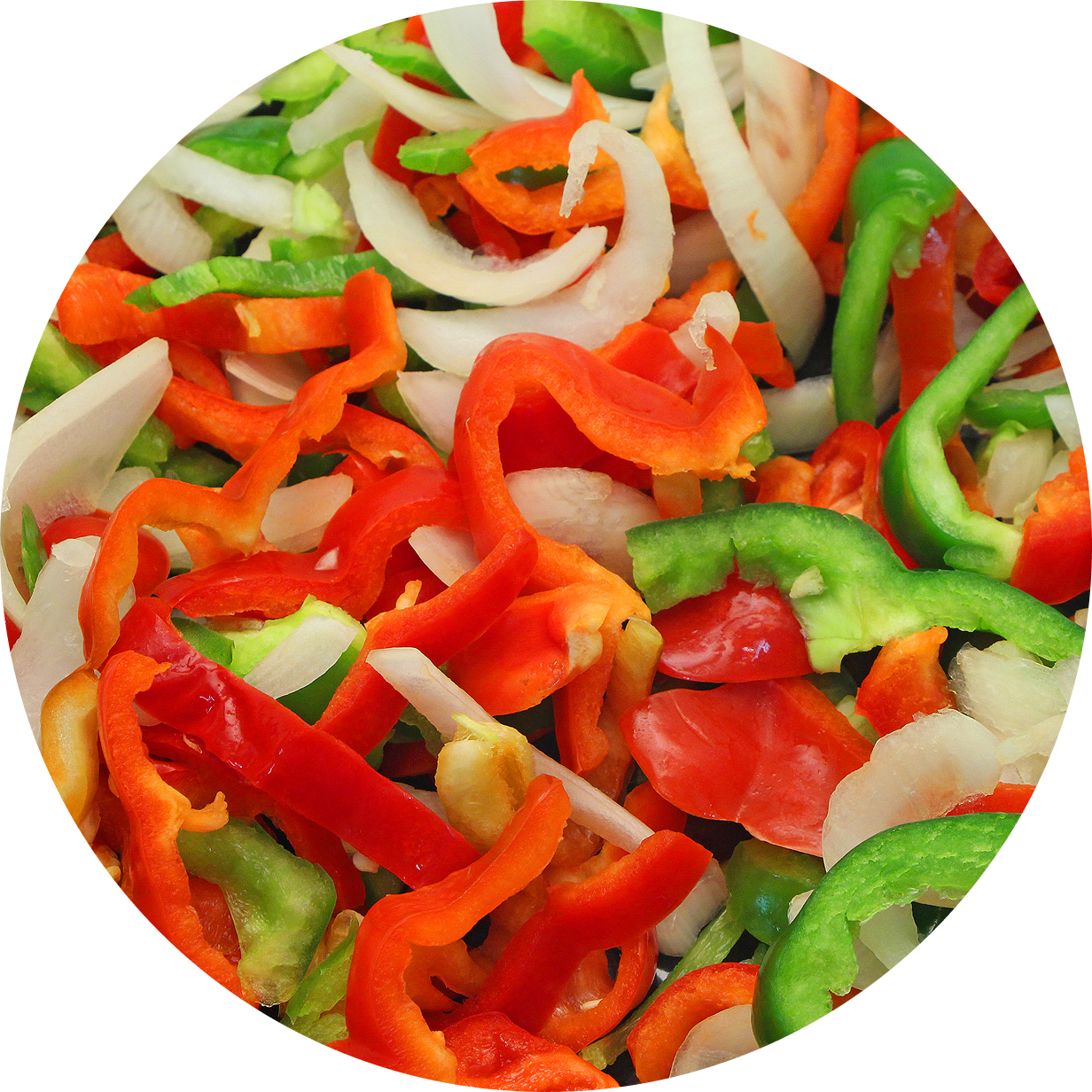 Sliced colorful bell peppers, including red, green, orange, and white, in a close-up view.