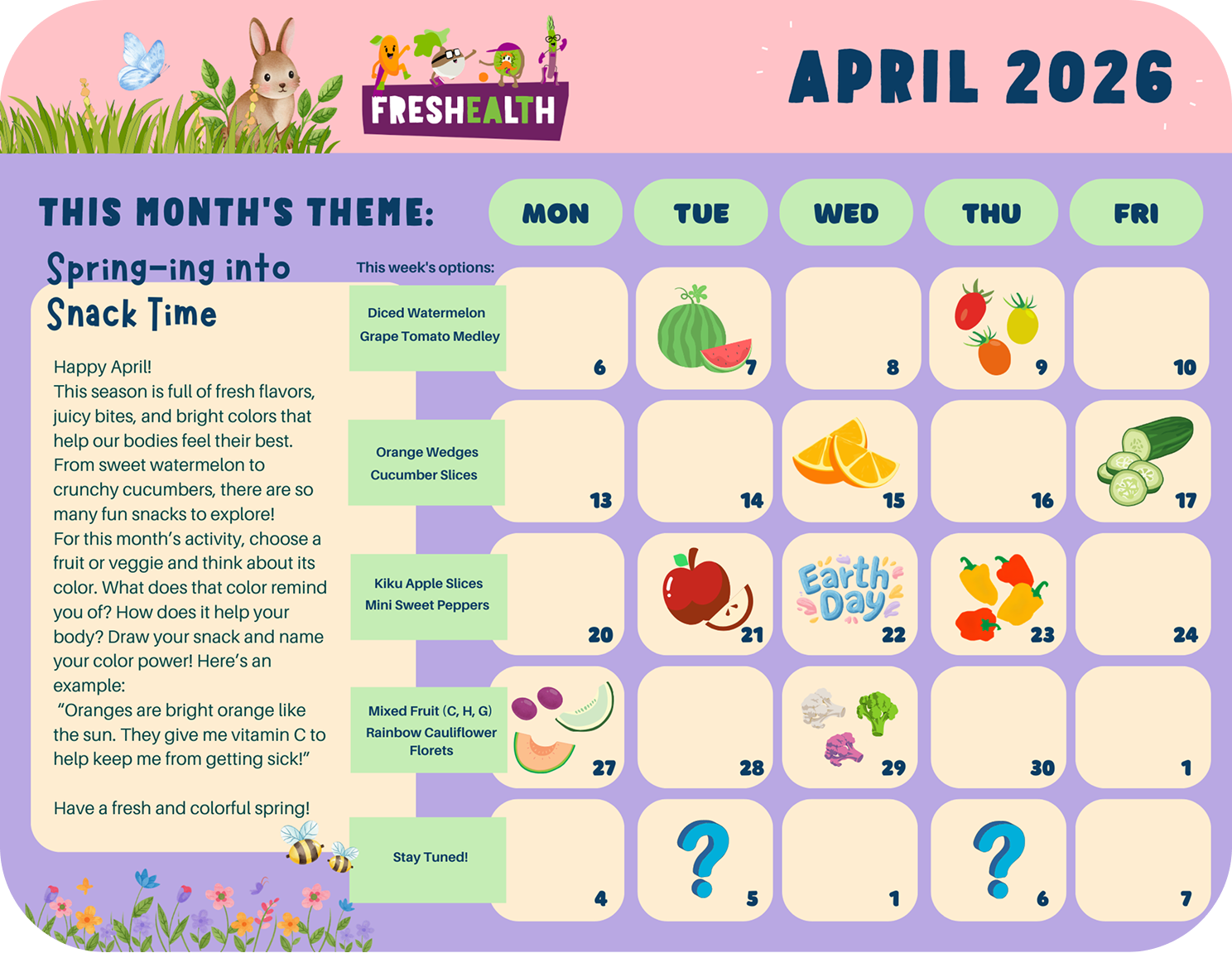 April 2026 themed children's activity calendar with illustrations of spring vegetables, fruits, and nature elements, focusing on a healthy, fresh theme.