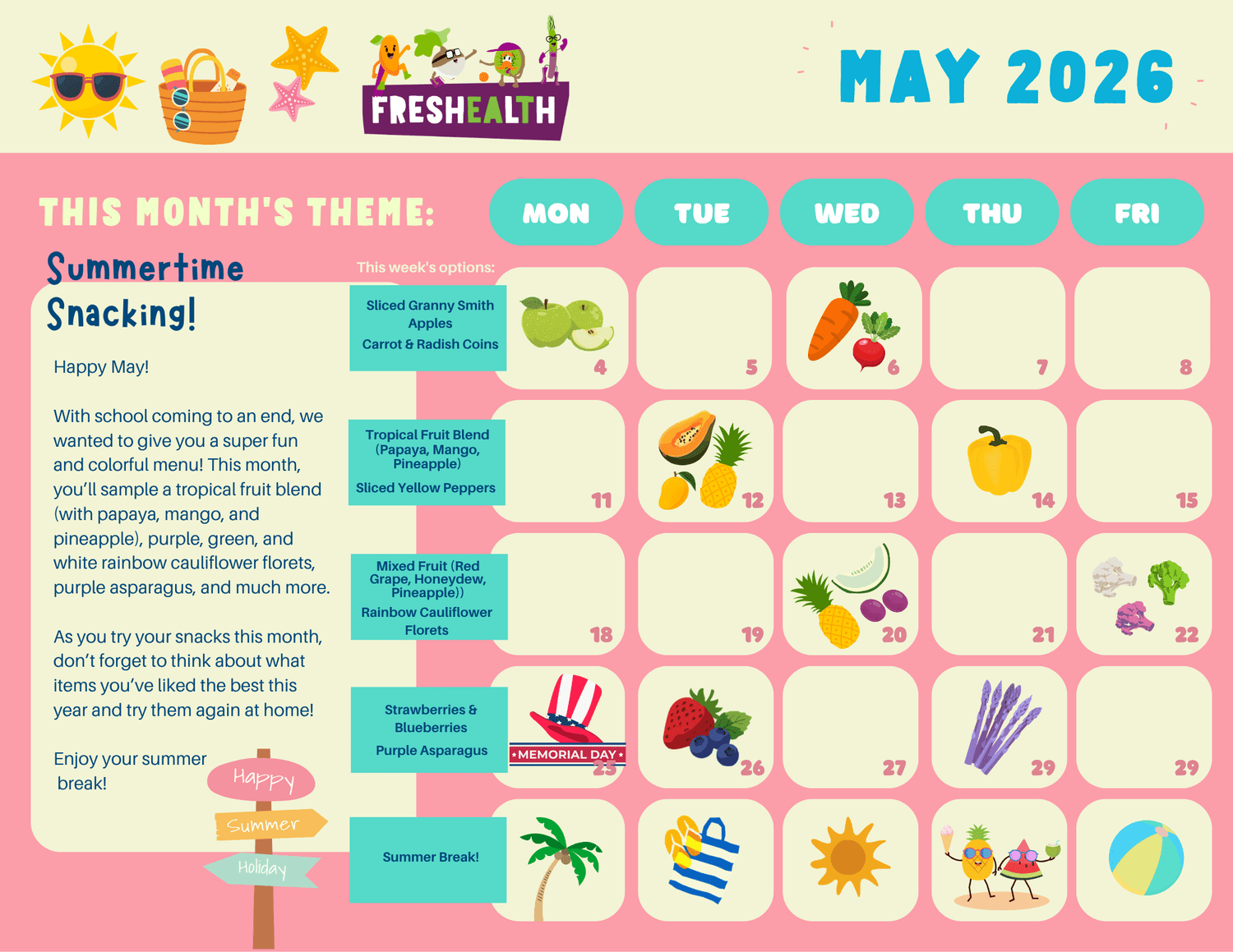 A colorful calendar page for May 2026 with summer themed activities and snack options for each week, including fruit blends, sliced vegetables, and strawberries & blueberries, along with whimsical cartoon decorations.