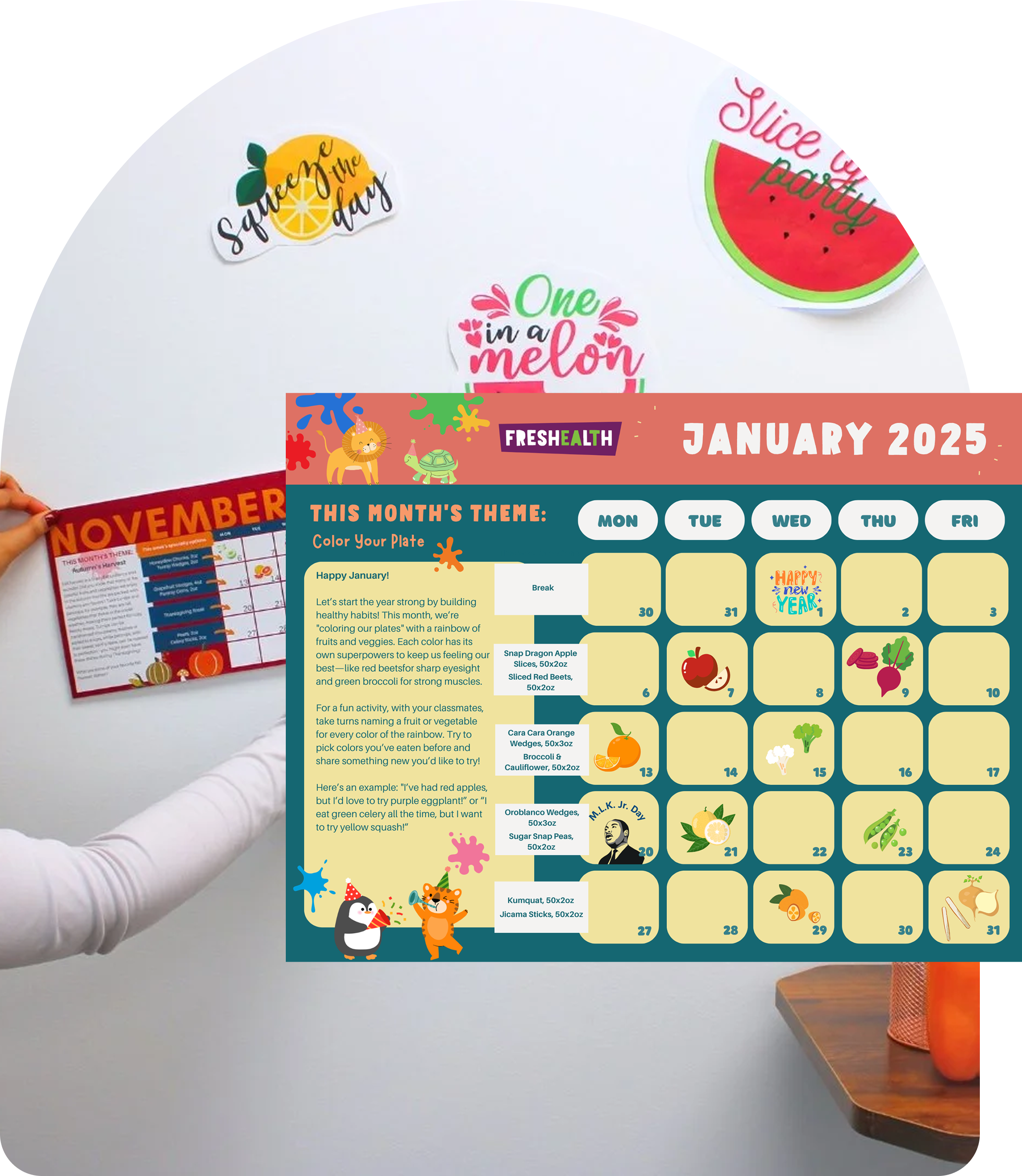 Colorful classroom bulletin board with January 2025 theme, featuring prompts and decorations for each weekday, including illustrations of animals, fruits, and vegetables, with student activities and motivational messages.