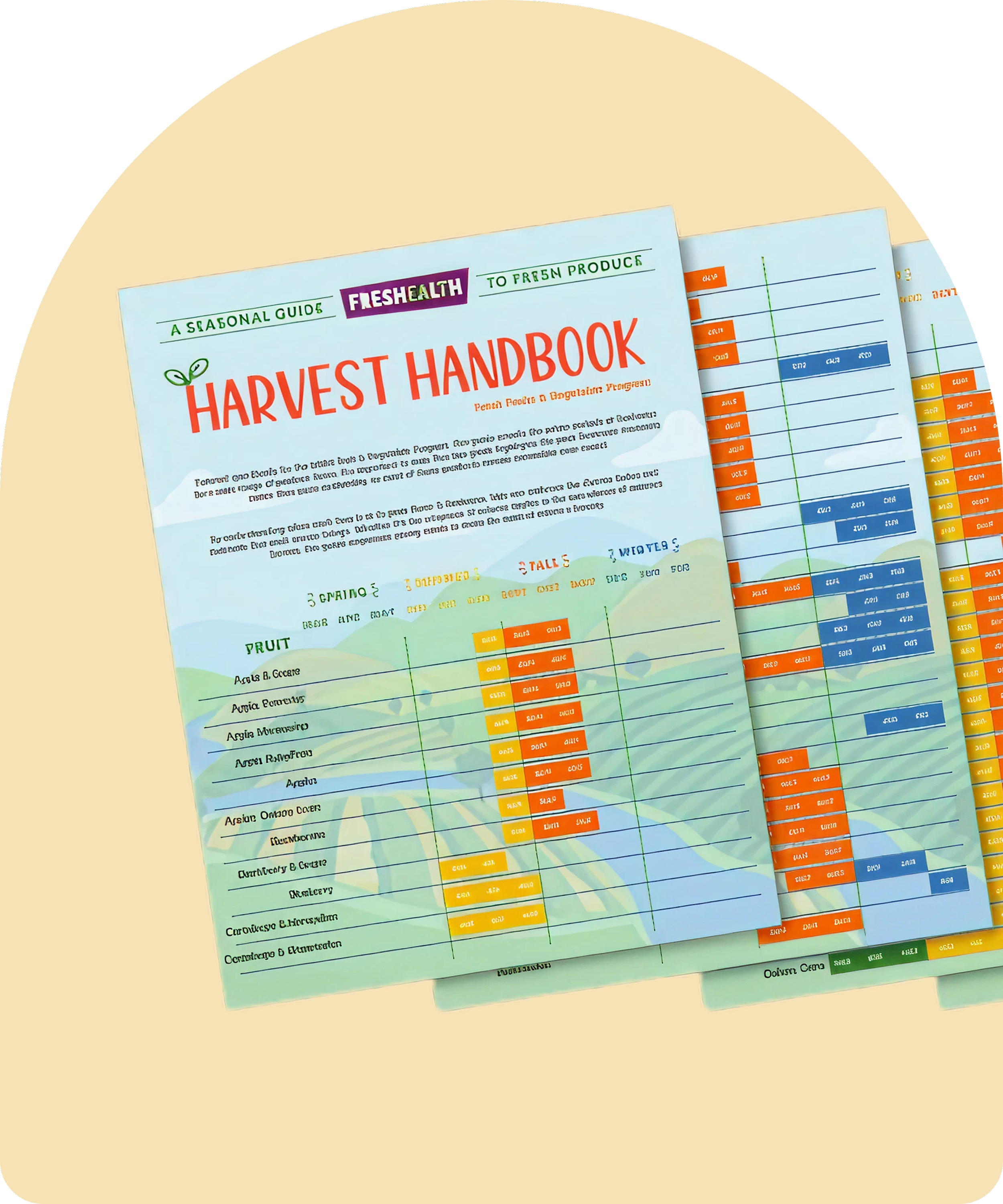 Pages from a harvest handbook with color-coded sections including fruits and vegetables, and information about fresh produce, plant heights, and other agricultural data.
