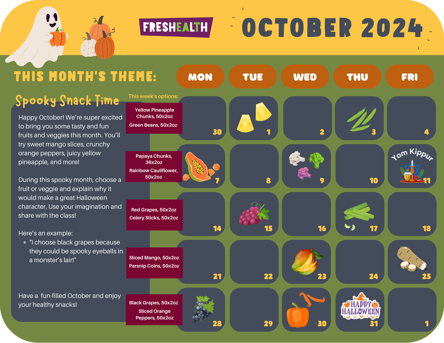 October 2024 themed weekly snack calendar with Halloween decorations, featuring fruit and veggie snack options for each day, including pumpkins, ghost, grapes, mango, and Halloween-themed icons.