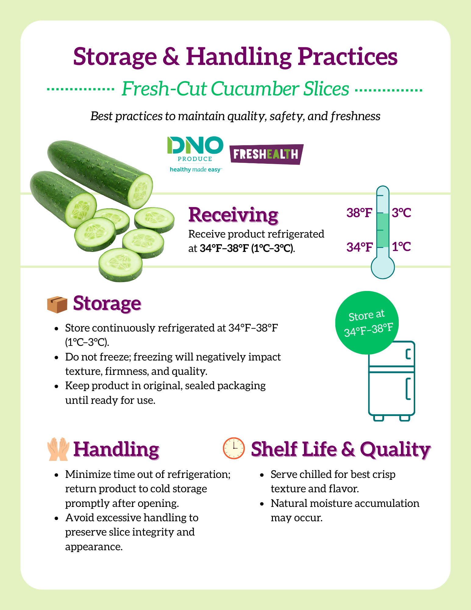 A poster with tips on food storage and handling practices, featuring an image of sliced fresh cucumbers and a thermometer showing optimal refrigeration temperature. The poster includes information about storing cucumbers at 34°F to 38°F and maintaini