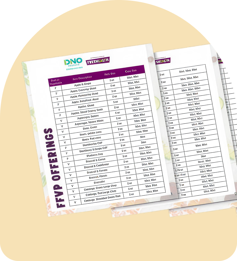 A printed list titled 'FFVP Offerings' shows various fruit and vegetable offerings with quantities, organized in a table format.
