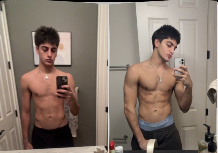 Before and after physique transformation showing increased muscle mass and athletic development.
