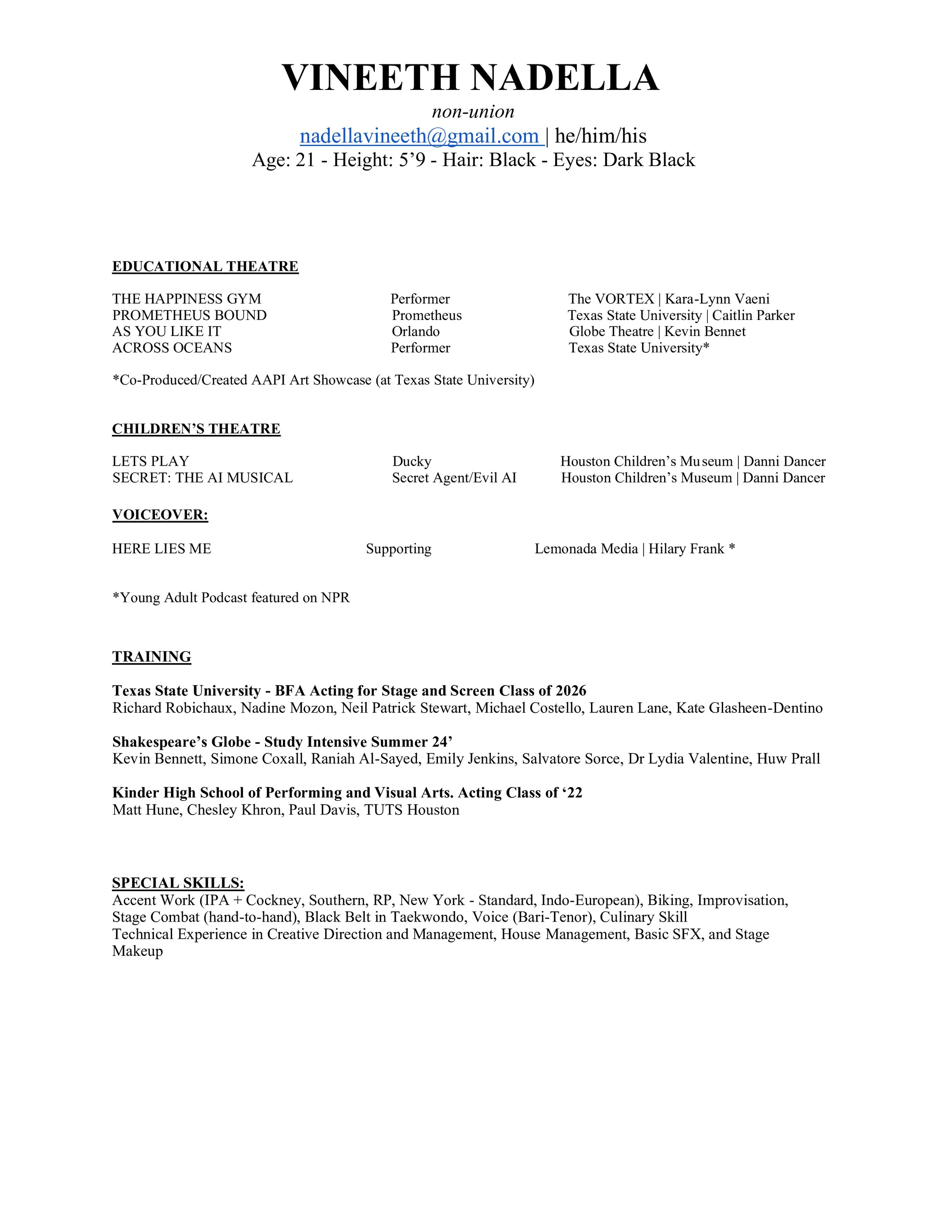 A resume belonging to Vineeth Nadella, providing personal details, education, and skills for theater and performance.