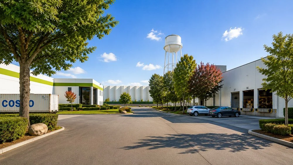 Modern industrial flex campus at Garfield Business Center with dock-high loading and landscaped frontage