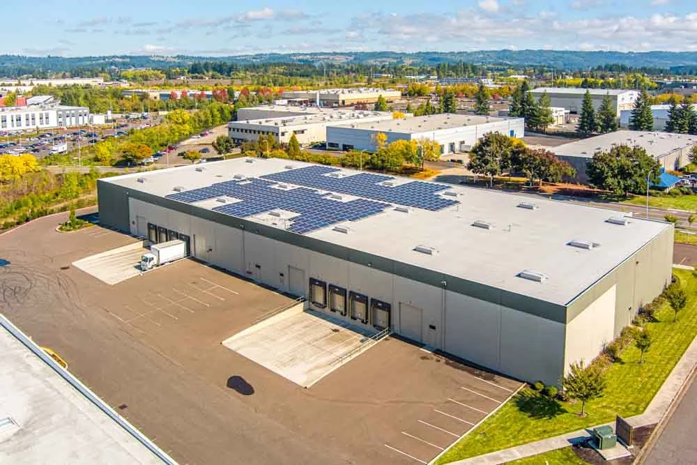 Aerial view of advanced manufacturing and flex industrial building with loading bays
