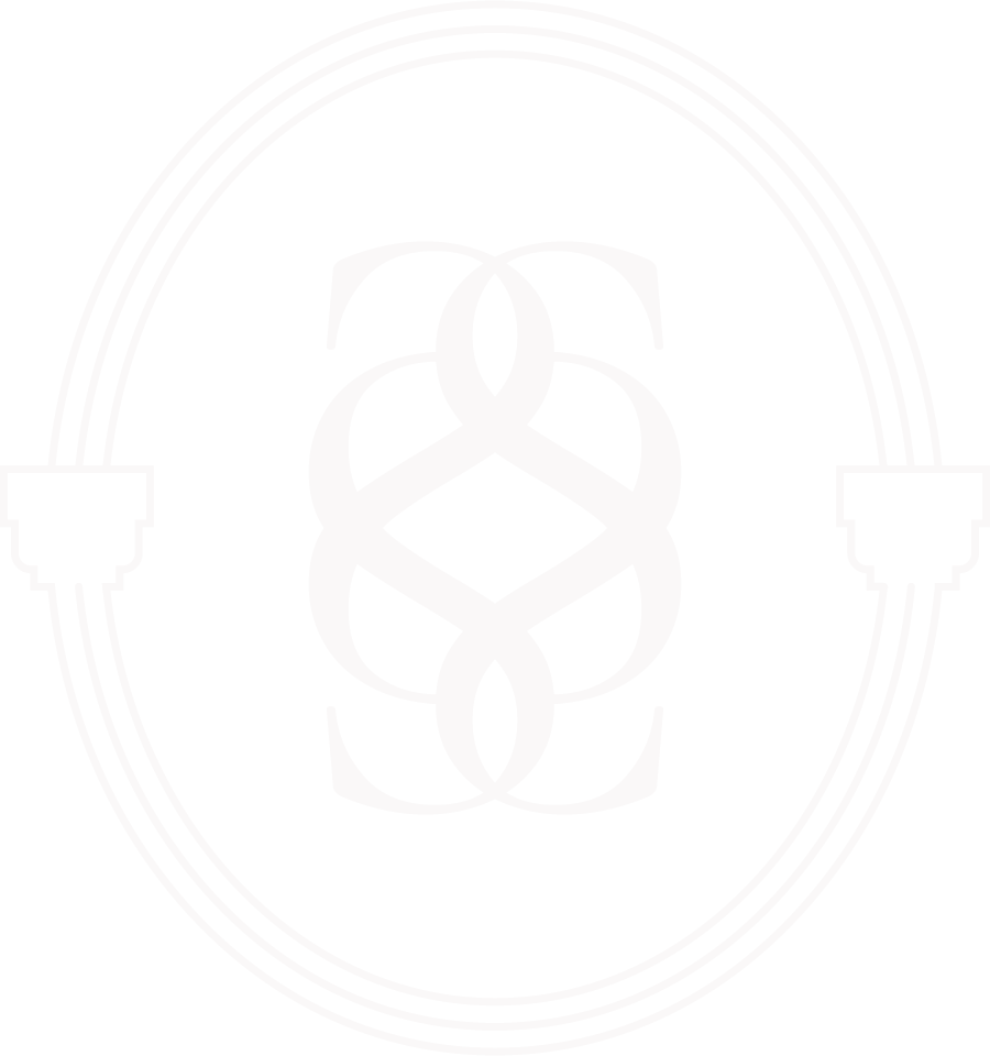 Black background with white geometric design and a stylized interconnected symbol in the center, surrounded by multiple concentric oval lines.