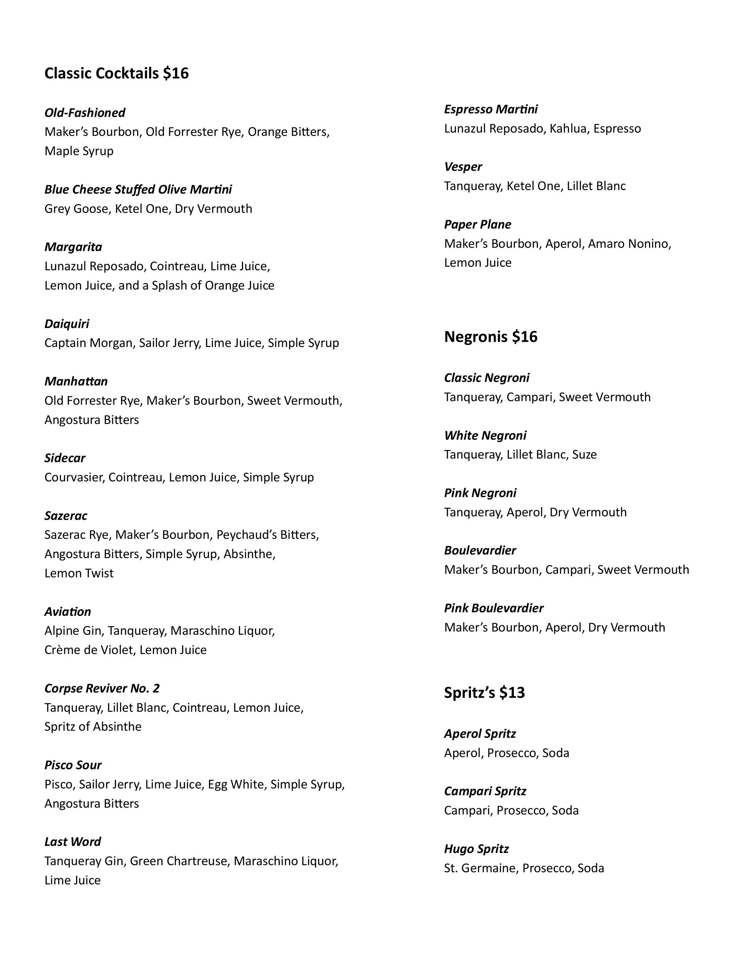 A menu listing various classic cocktails, their ingredients, and prices, with categories including Old-Fashioned, Blue Cheese Stuffed Olive Martini, Margarita, Daiquiri, Manhattan, Sidecar, Sazerac, Aviation, Corpse Reviver No. 2, Pisco Sour, Last Word, Espresso Martini, Vesper, Paper Plane, Negroni, White Negroni, Pink Negroni, Boulevardier, Pink Boulevardier, and Hugo Spritz, with prices mostly around $13 to $16.