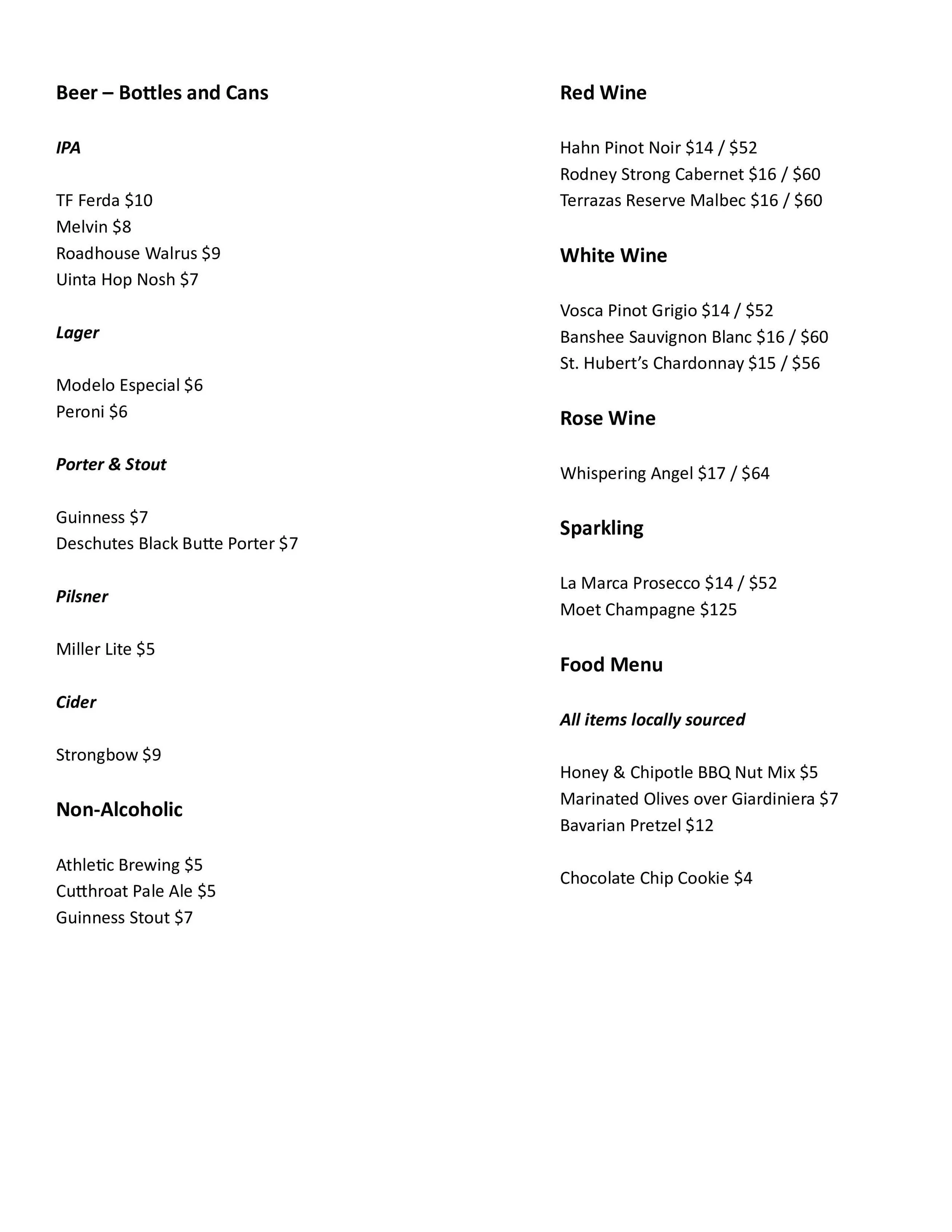 A menu listing different types of beers, wines, and other beverages, with prices for each. Categories include beer, wine, lager, porter & stout, pilsner, cider, non-alcoholic drinks, and sparkling beverages, with items such as IPA, red wine, white wine, rosé, champagne, and soft drinks.