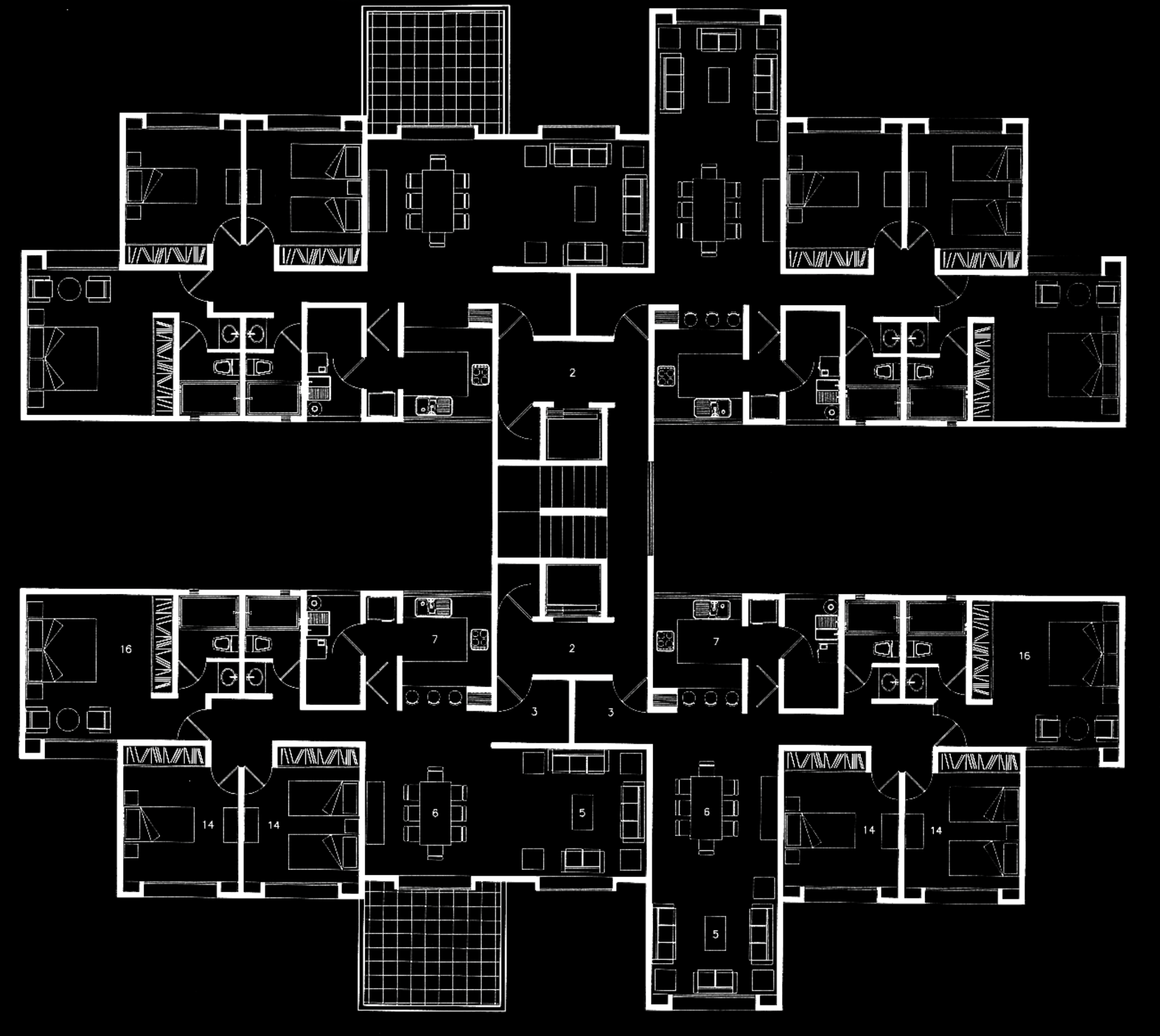 Plano arquitectónico en negro y blanco de una estructura residencial con varias habitaciones y áreas comunes.