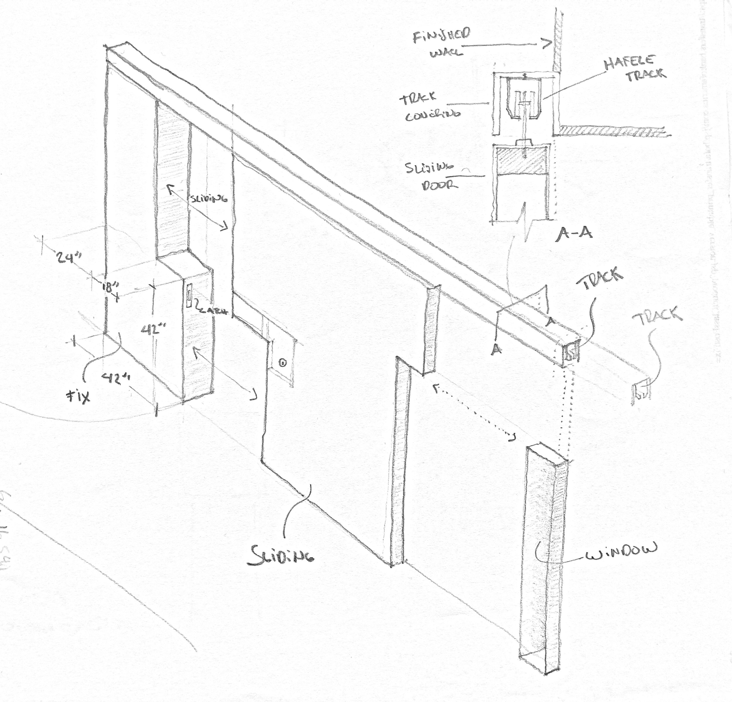 Boceto en lápiz de una estructura con paredes y puertas, mostrando dimensiones en pulgadas y varias secciones etiquetadas como ventanas, techos y caminos. Sketches : Rafael Aragones