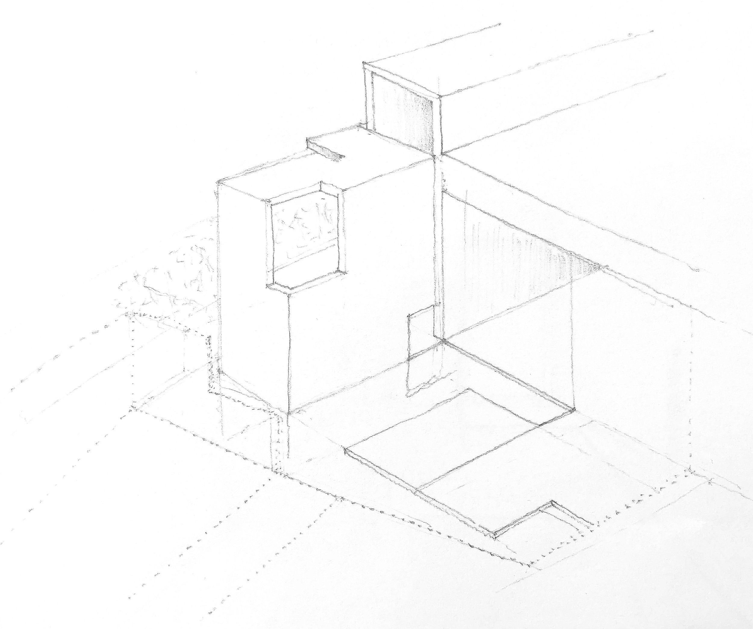 Boceto de un diseño arquitectónico de una estructura de escaleras y plataformas en un edificio. Sketches: Rafael Aragones