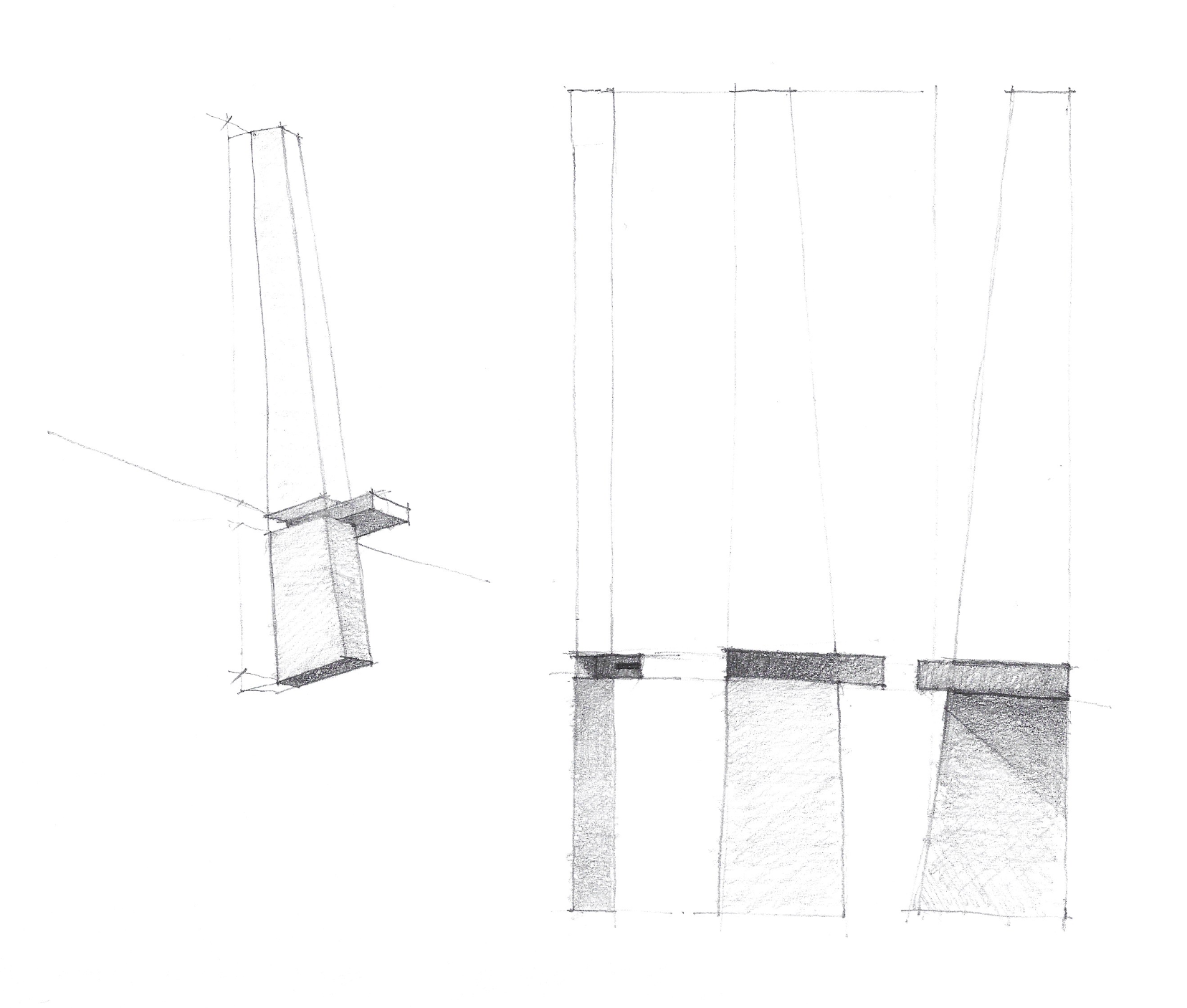Boceto técnico de estructura con columnas y plataformas para proyecto de ingeniería.