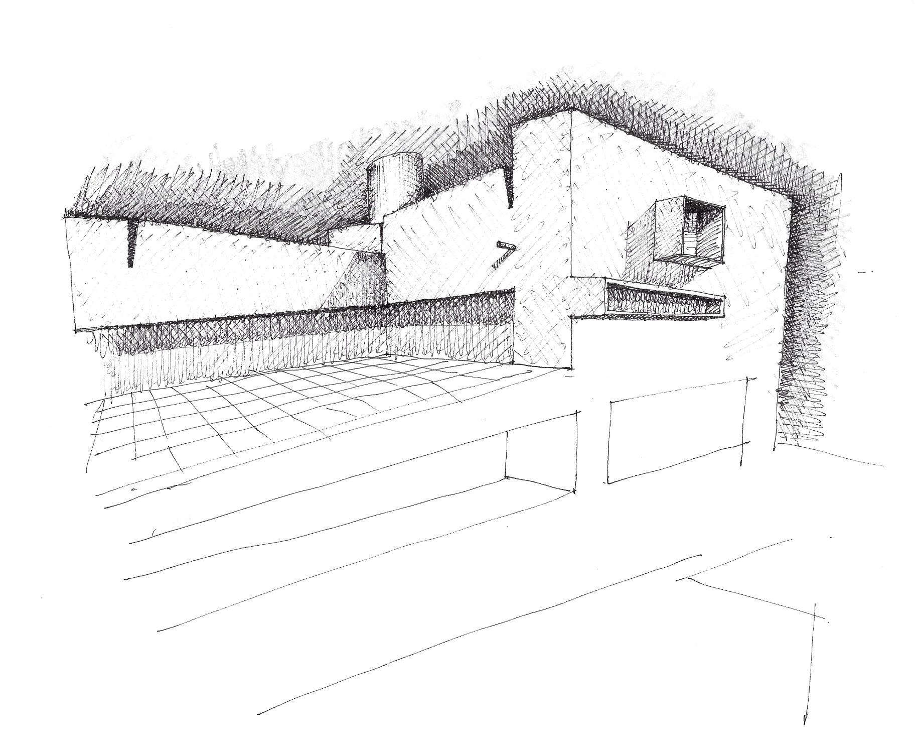 Dibujo en croquis de una casa moderna con líneas rectas y ventanas grandes, vista desde el frente y en perspectiva.