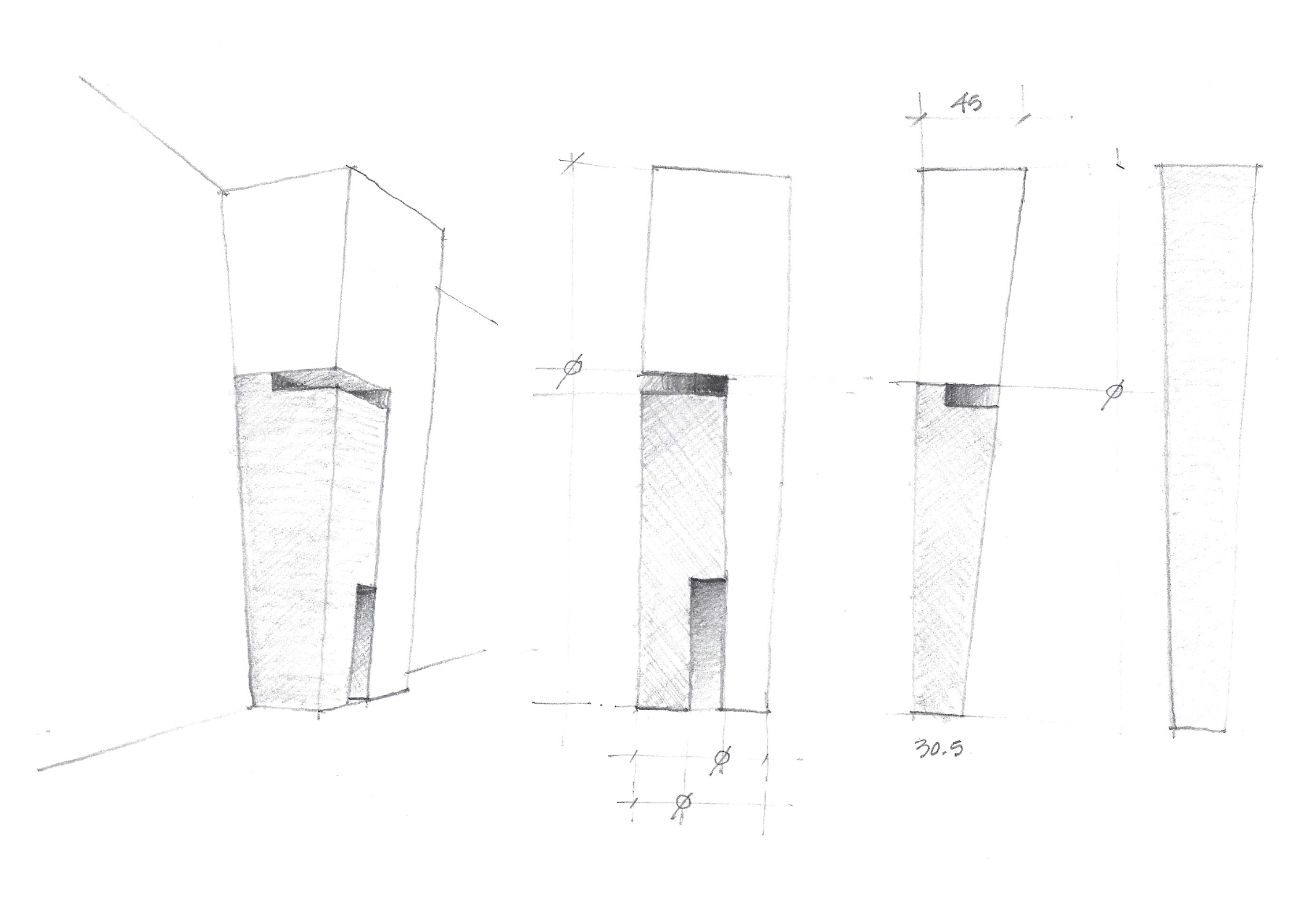 Boceto técnico de varias estructuras o columnas con dimensiones anotadas y líneas de referencia para medición.