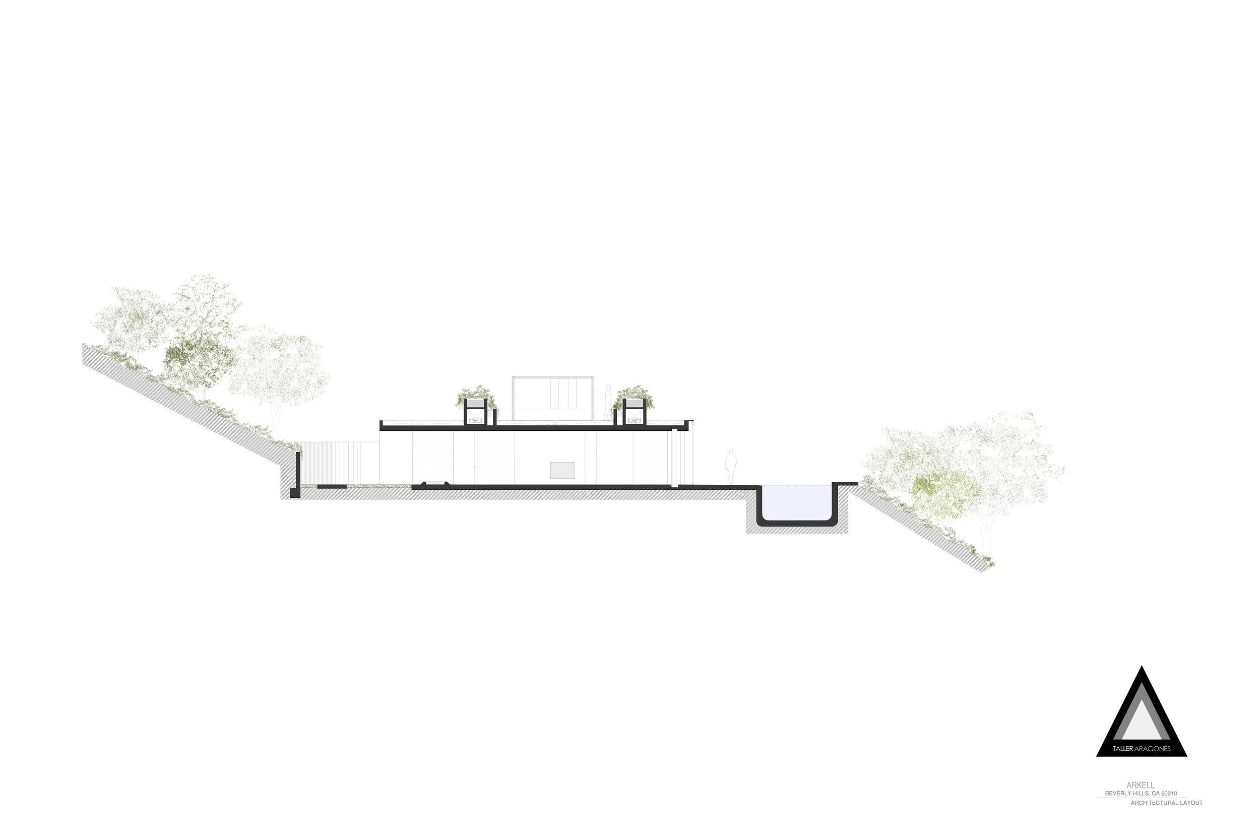 Plano arquitectónico de un edificio con detalles de nivel del suelo y entorno natural, incluyendo árboles y un muro de contención. Incluye logotipo del Taller Aragón y detalles del diseño arquitectónico