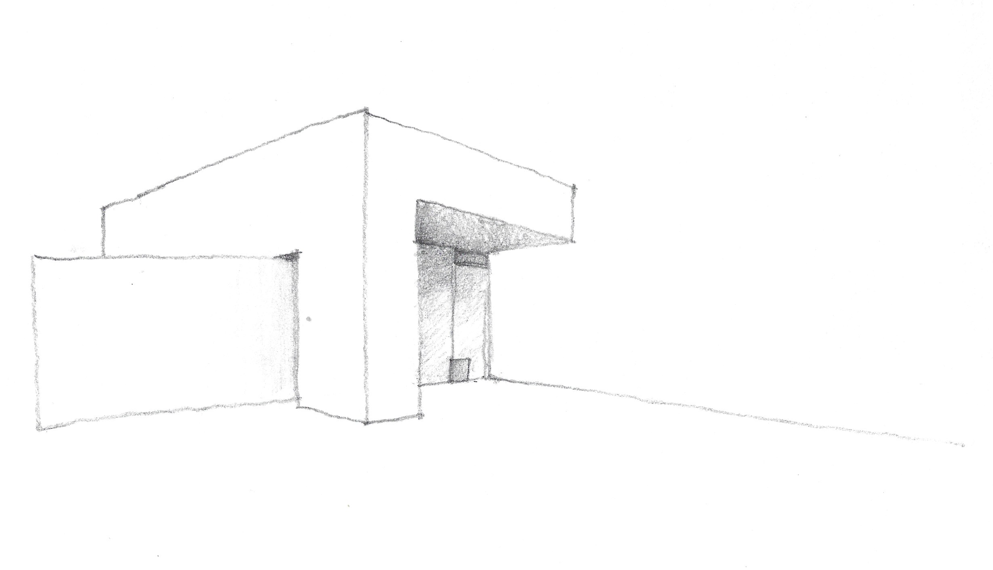 Boceto a lápiz de un edificio moderno con líneas rectas y formas geométricas minimalistas.
