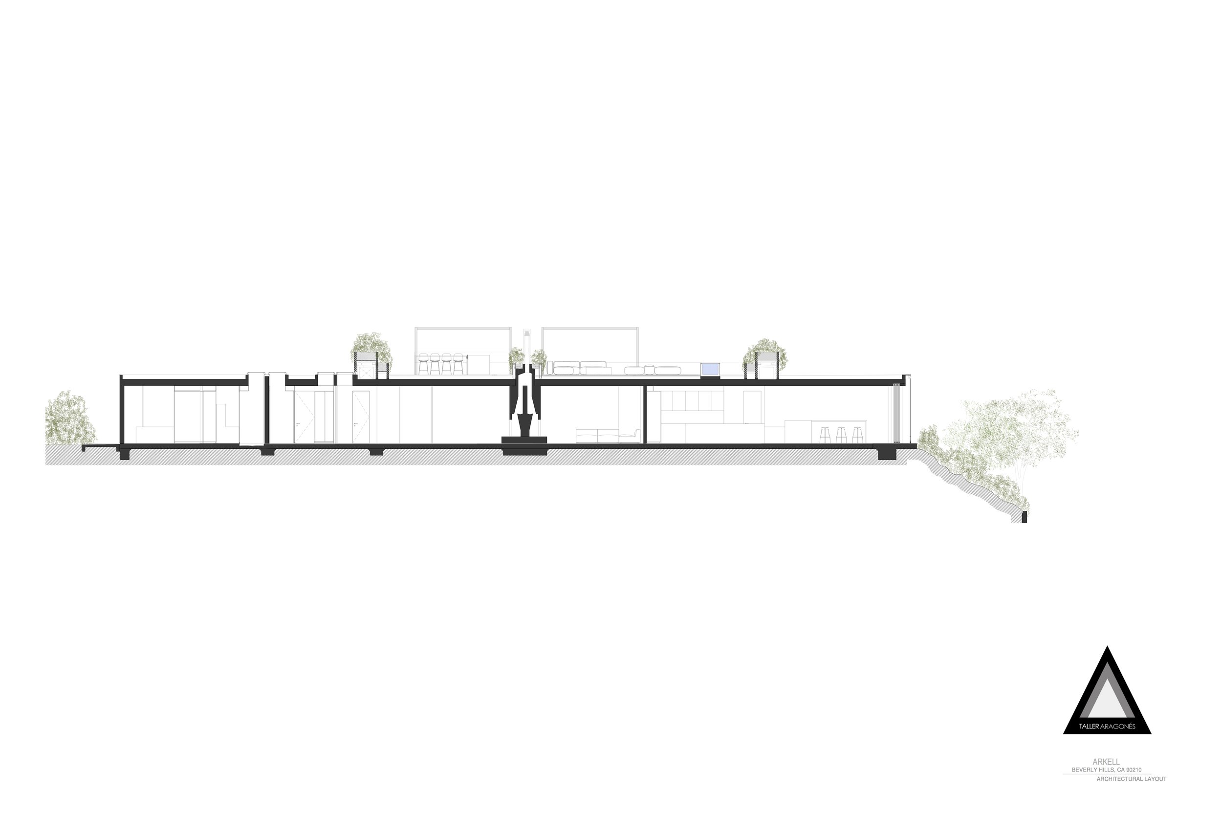 Plano de corte de un diseño arquitectónico de una casa moderna, mostrando la distribución en diferentes niveles con áreas abiertas, plantas y muebles.