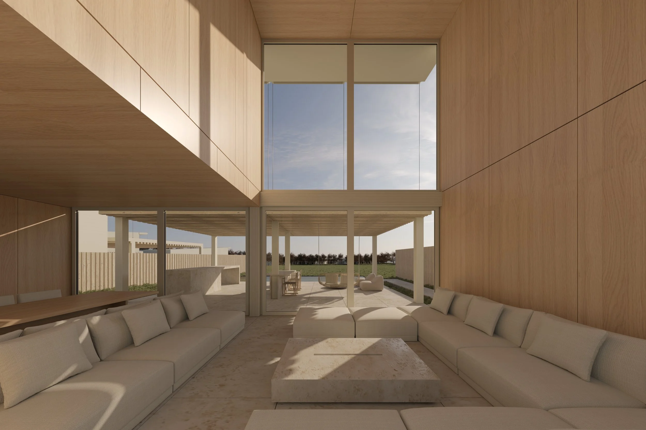 Interior moderno con sala de estar y ventanas grandes que muestran un patio con sombra y césped. Architecture & Design by Rafael Aragonés Caballero & Miguel Ángel Aragonés | Taller Aragonés. Rendering: Oscar Velez