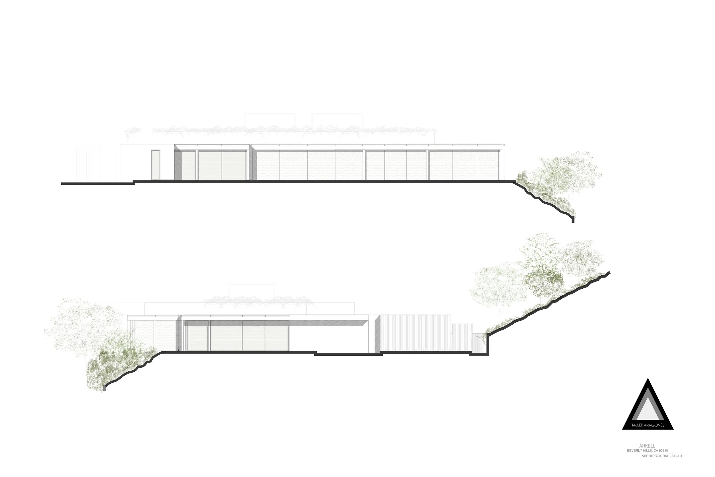 Plano arquitectónico de un edificio con secciones transversales y detalles del diseño, con árboles y detalles de la topografía del terreno.