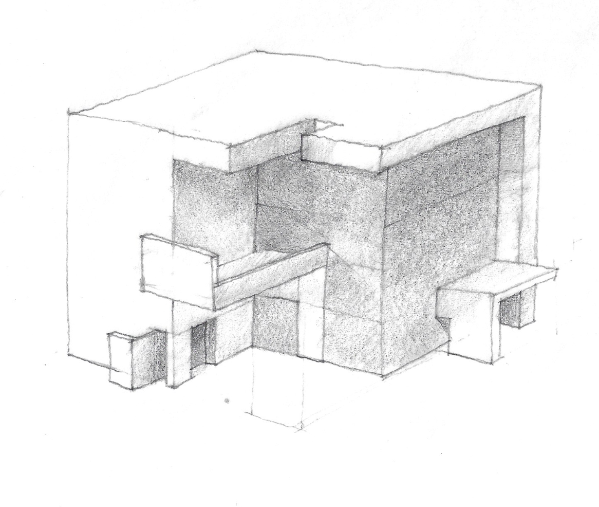 Boceto en lápiz de una estructura arquitectónica con paredes y plataformas de diferentes alturas.