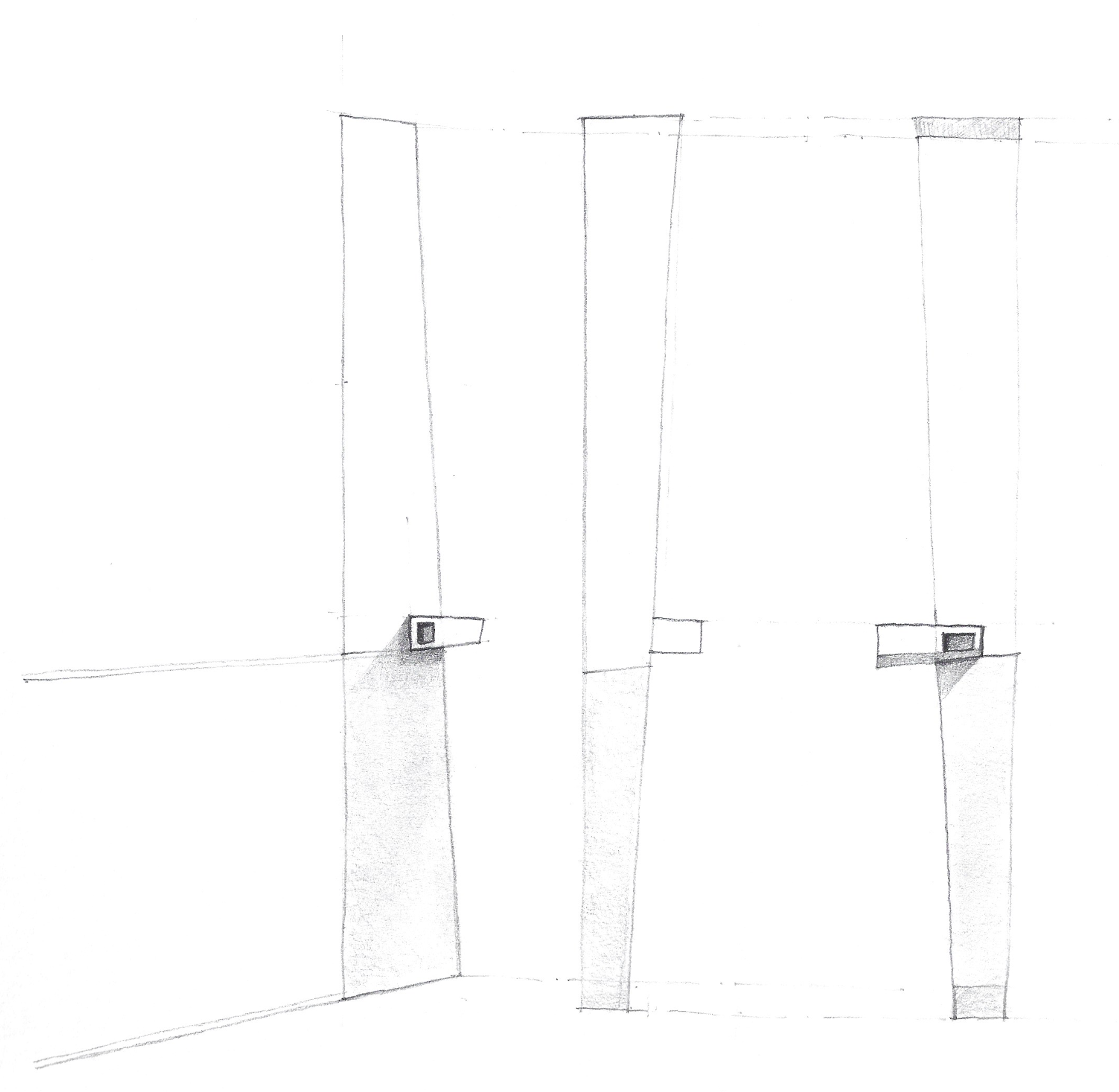 Dibujo de cuatro columnas rectangulares, con bases cuadradas, en un espacio en blanco.